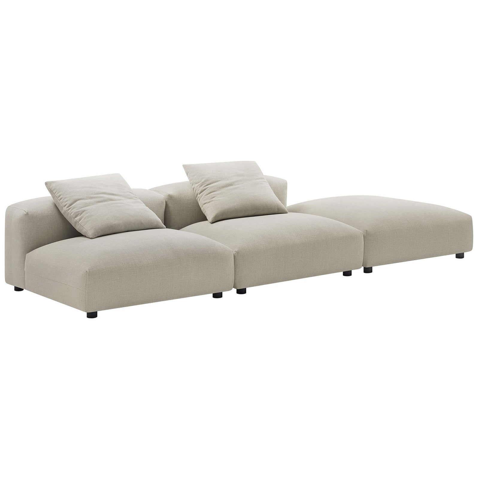 Modular linen sectional sofa with wide, low profile seats and coordinating throw pillows || EEI-7029-LIN || front_angle_studio