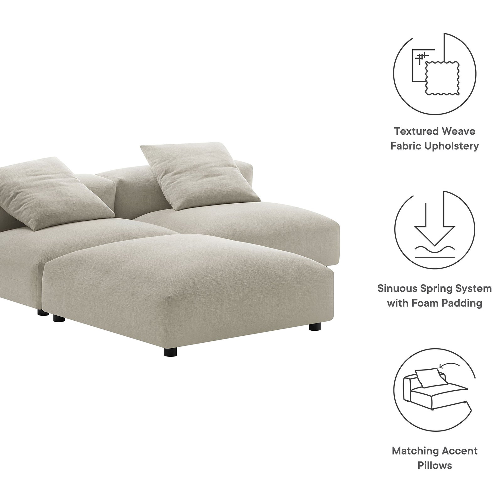 Linen modular sectional with icons highlighting textured upholstery, spring support, and matching pillows || EEI-7029-LIN || callout_studio