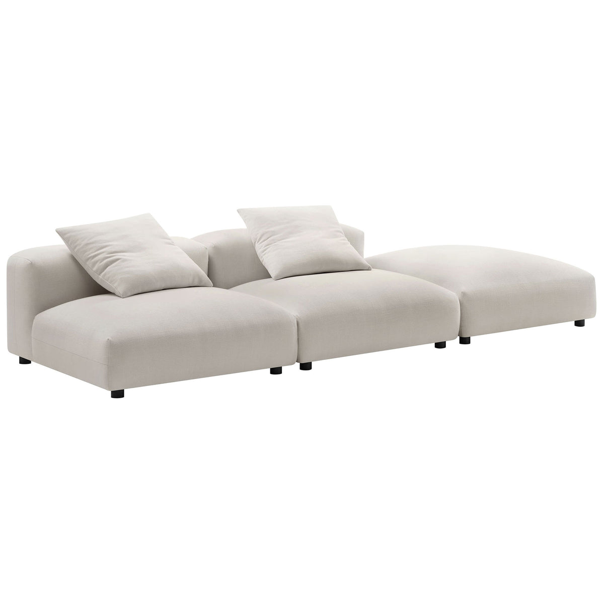 Flexible modular sectional in salt fabric styled with two low-back seats and a plush ottoman chaise || EEI-7029-SAL || front_angle_studio