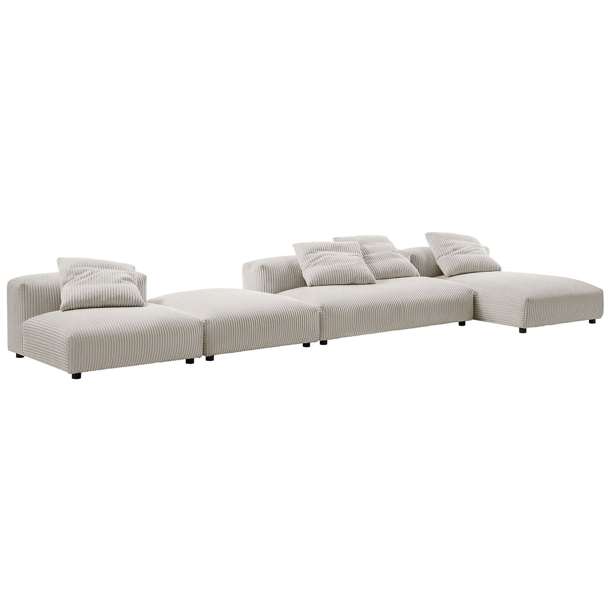 Expansive almond corduroy modular seating with deep, lounge-worthy cushions and matching pillows || EEI-7032-ALM || front_angle_studio
