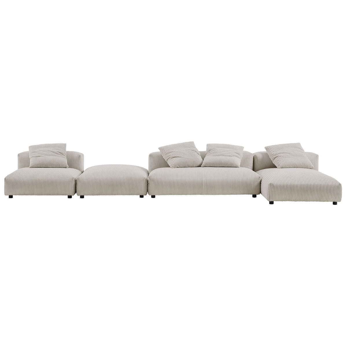 Almond corduroy modular sectional arranged in an extended layout with ottoman for flexible seating || EEI-7032-ALM || front_studio