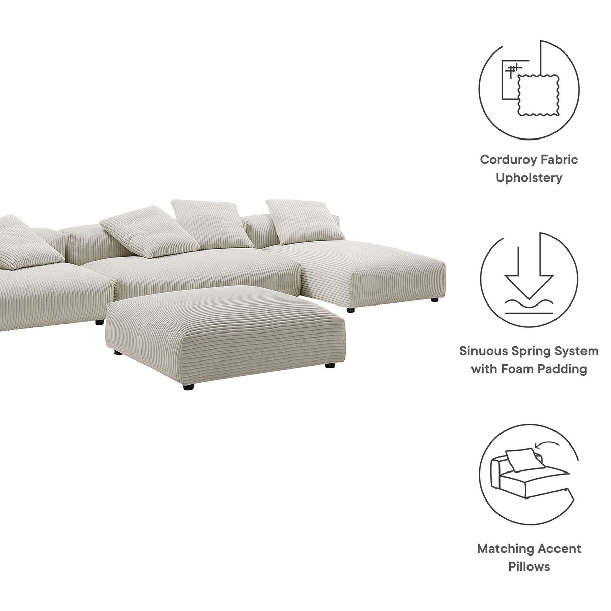 Almond corduroy sectional with ottoman shown with callouts for fabric, spring support, and accent pillows || EEI-7032-ALM || callout_studio