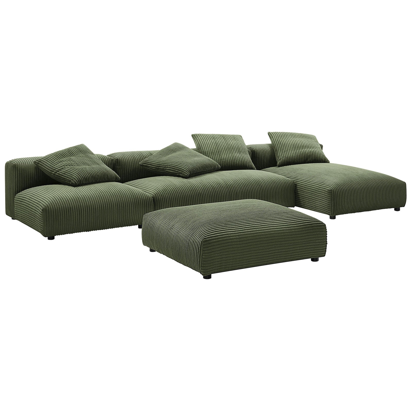 Fern corduroy modular sectional with ottoman arranged in a relaxed L-shaped lounge || EEI-7032-FRN || front_angle_studio