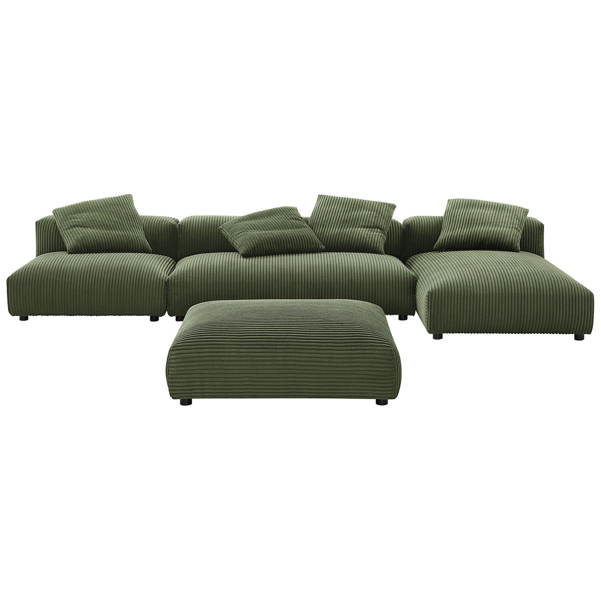 Low-profile green corduroy sectional sofa with ottoman and plush back cushions || EEI-7032-FRN || front_studio
