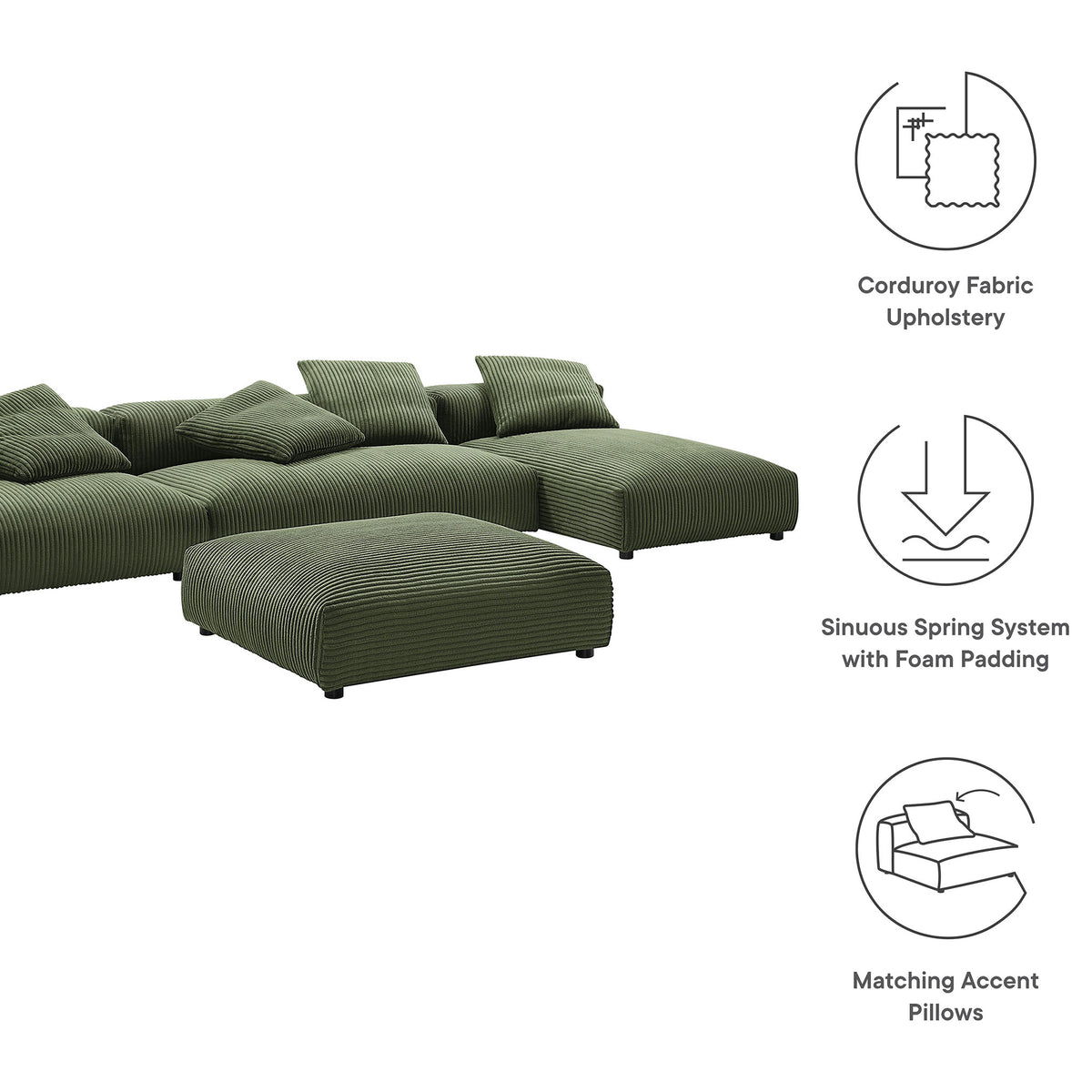 Corduroy upholstery, spring-supported cushions, and matching accent pillows showcased together || EEI-7032-FRN || callout_studio