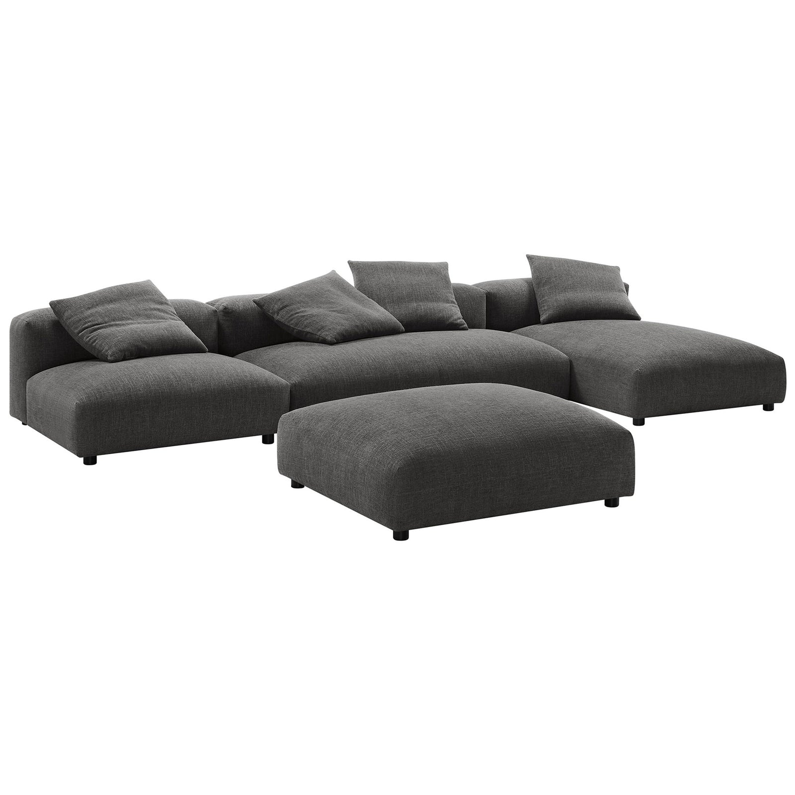 Charcoal modular sectional with chaise and ottoman featuring low profile and plush pillows || EEI-7033-CHA || front_angle_studio