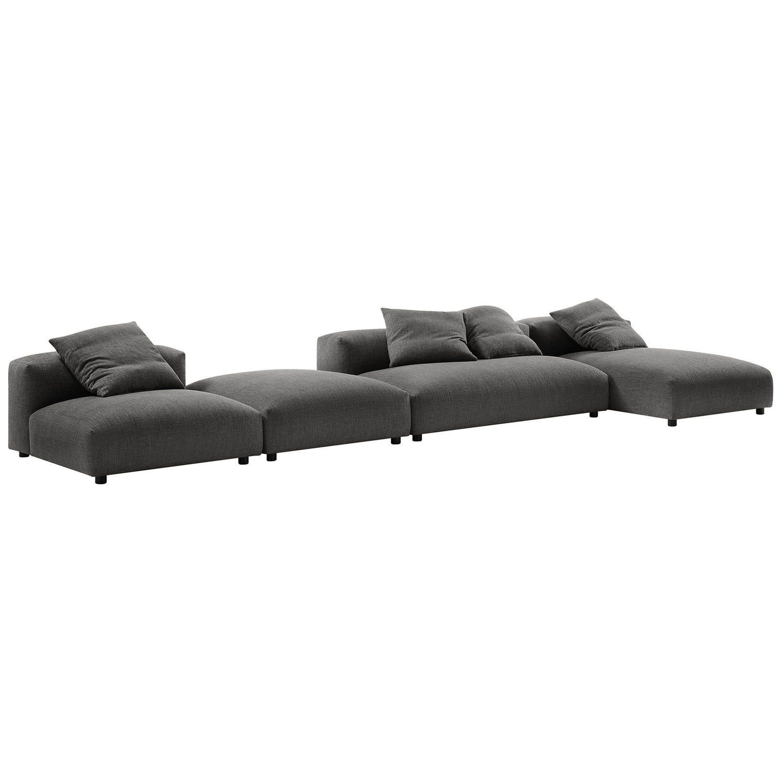 Charcoal modular sofa pieces arranged in an extended lounge configuration with generous seat depth || EEI-7033-CHA || front_angle_studio