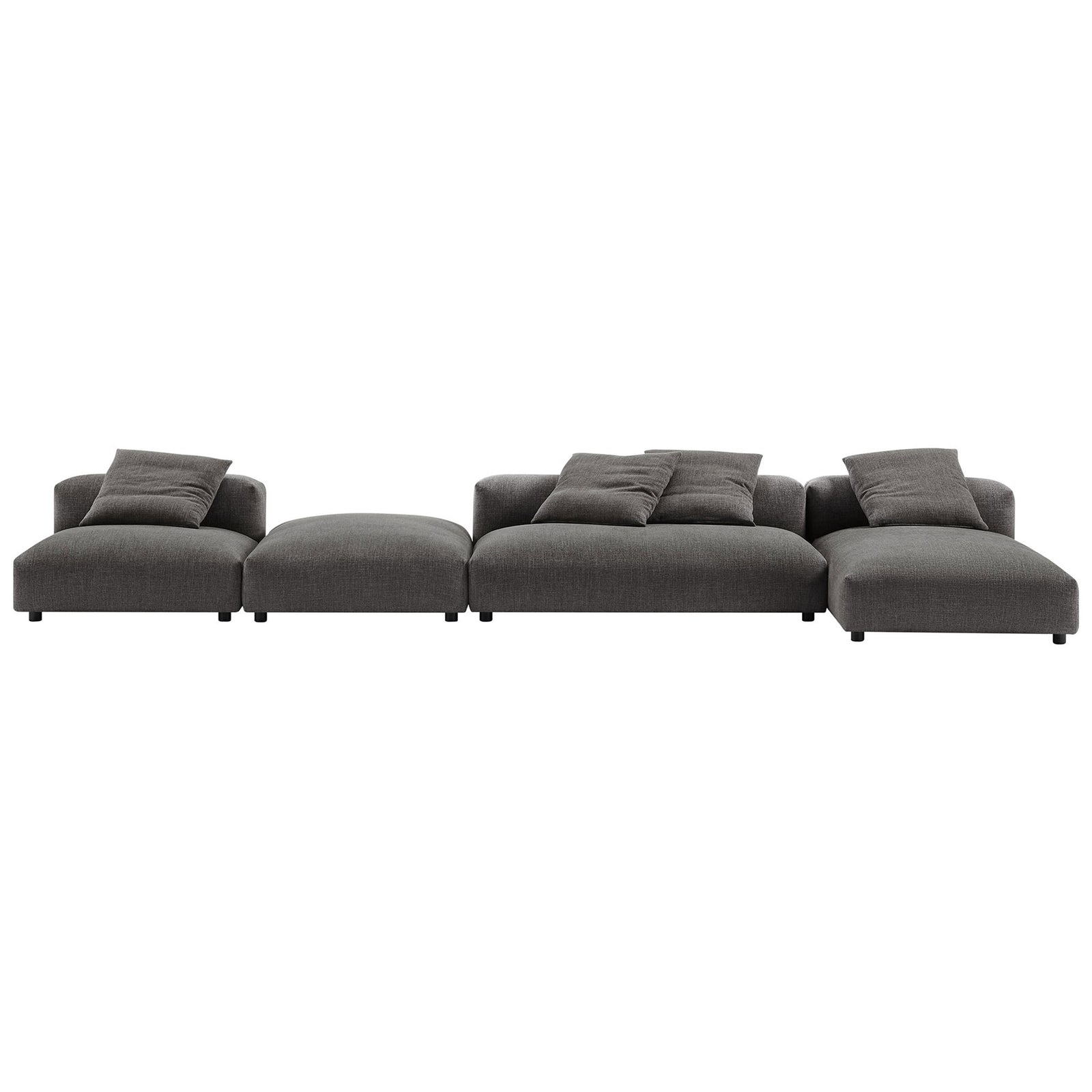 Four piece charcoal modular sectional with ottoman shown in a sleek low profile bench style layout || EEI-7033-CHA || front_studio