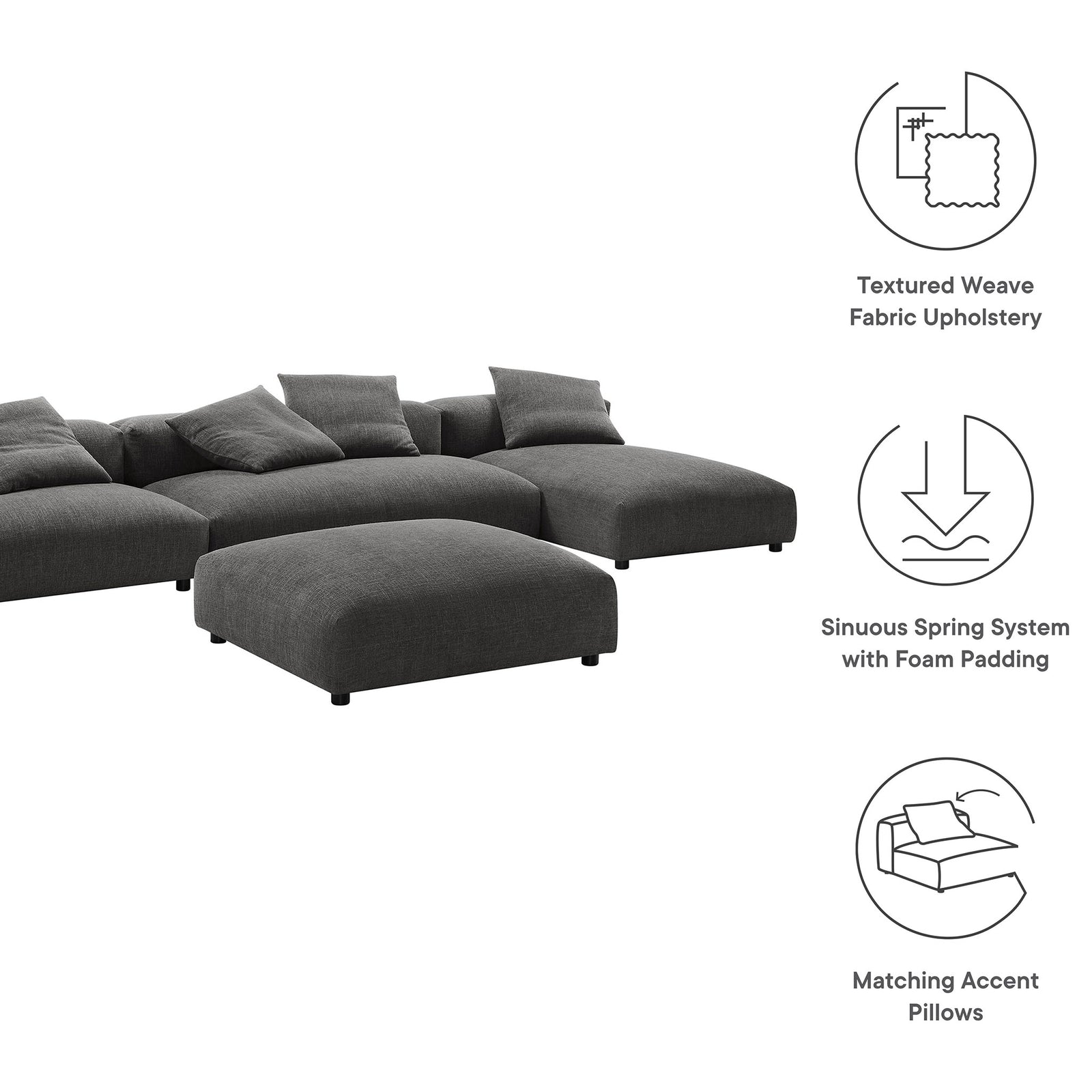 Feature graphic for charcoal Solace sectional highlighting textured fabric, spring support, and accent pillows || EEI-7033-CHA || callout_studio