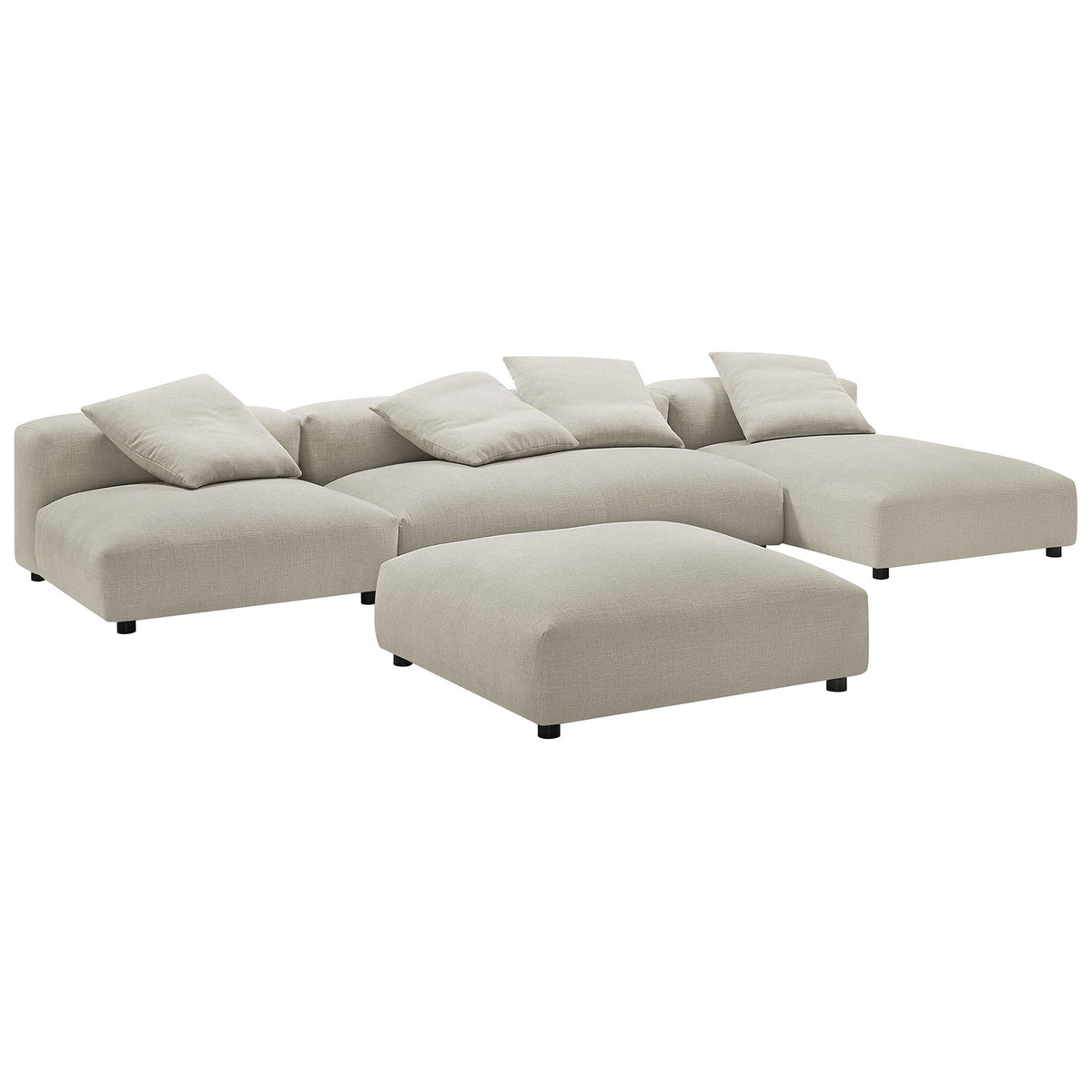 L-shaped linen modular sectional with wide chaise and ottoman creating relaxed lounge seating || EEI-7033-LIN || front_angle_studio