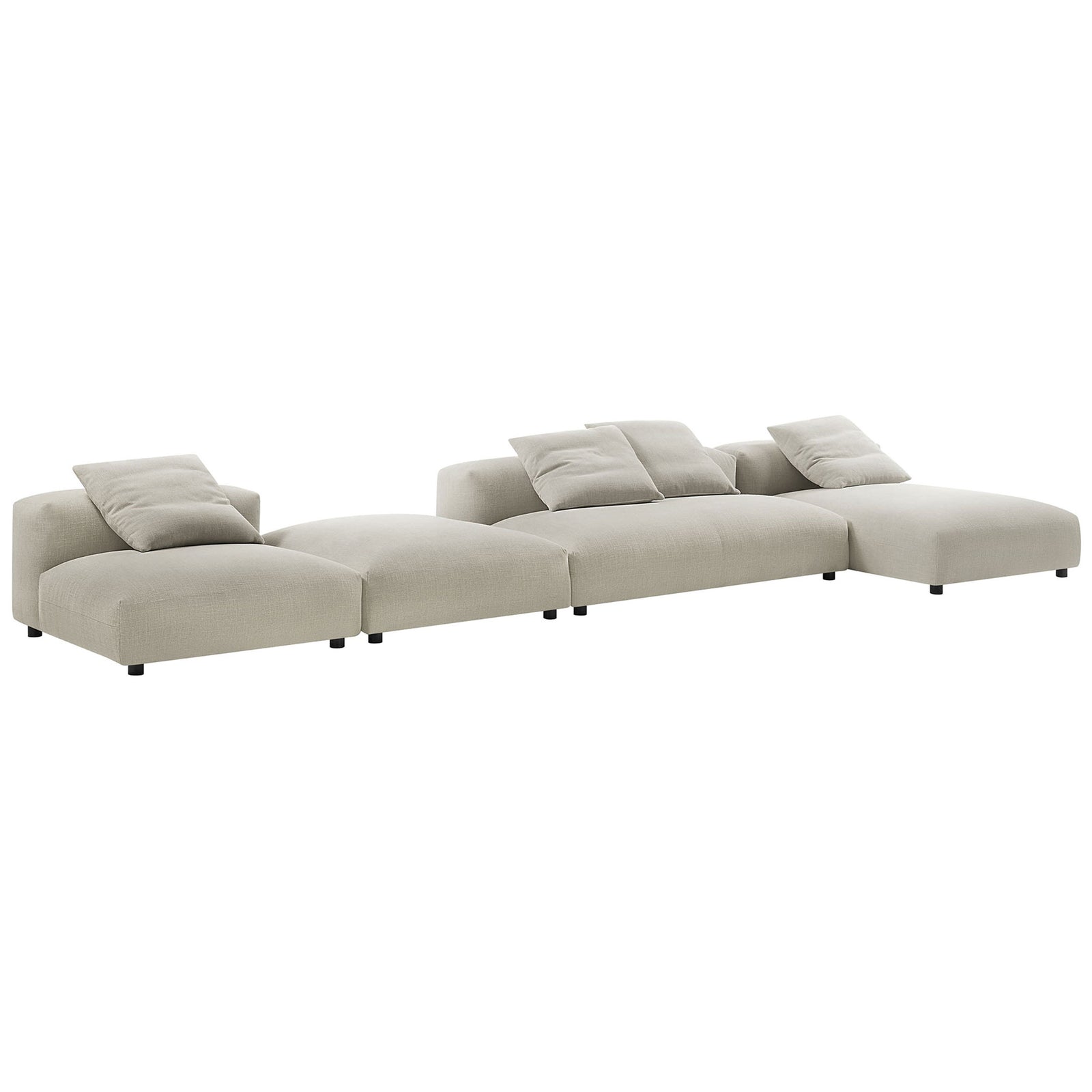 Extra-long linen modular sectional sofa arranged in a straight configuration with accent pillows || EEI-7033-LIN || front_angle_studio