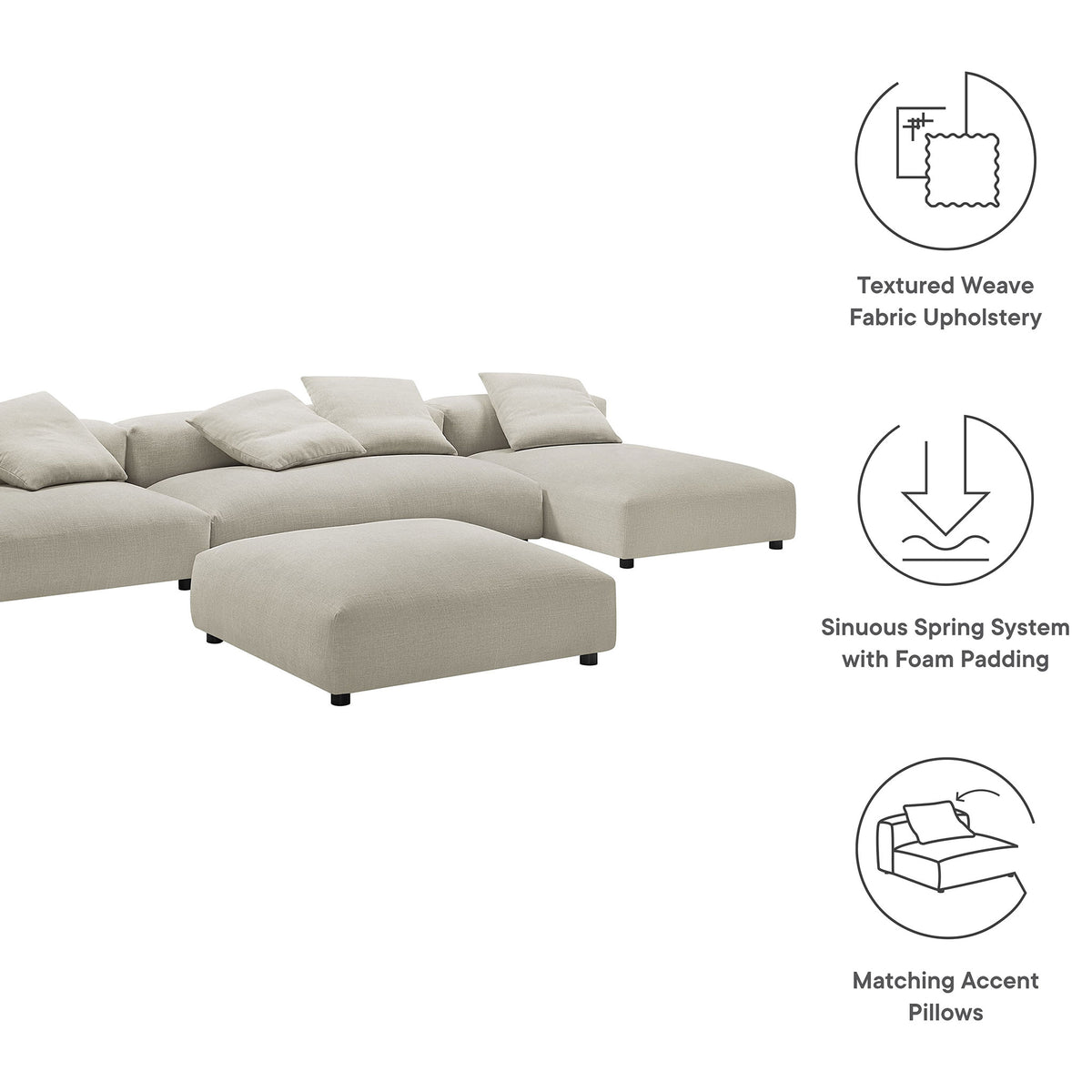 Linen modular sectional sofa with icons highlighting textured upholstery and spring support features || EEI-7033-LIN || callout_studio