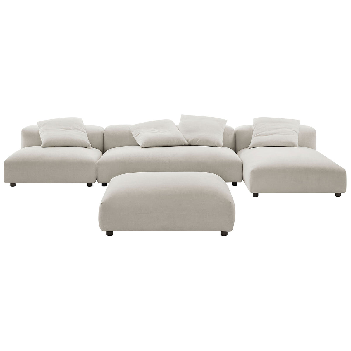Spacious 4 piece modular sectional sofa in salt fabric with deep seats, ottoman, and matching accent pillows || EEI-7033-SAL || front_studio