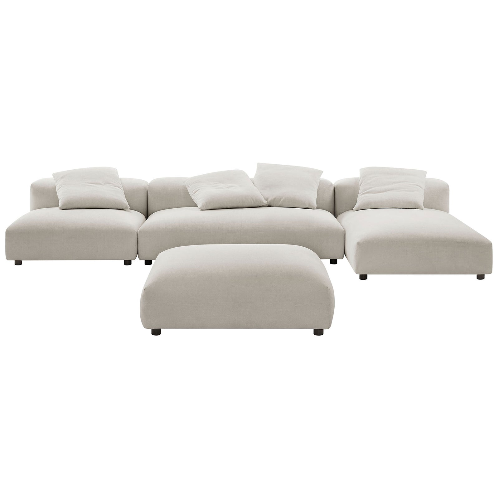 Spacious 4 piece modular sectional sofa in salt fabric with deep seats, ottoman, and matching accent pillows || EEI-7033-SAL || front_studio