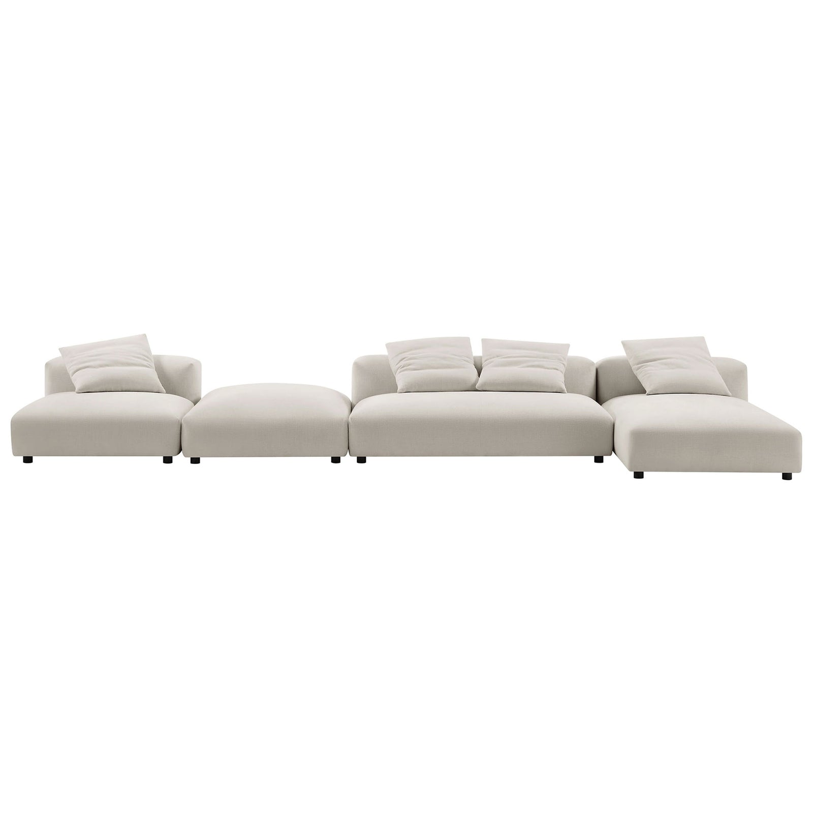 Four piece modular sectional in salt upholstery shown as a wide linear sofa with coordinating ottoman and pillows || EEI-7033-SAL || front_studio