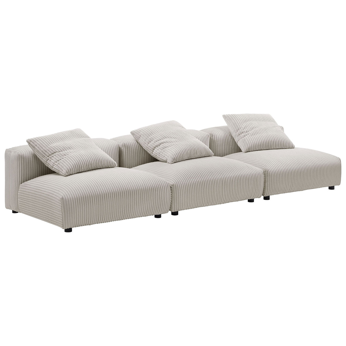 Low-profile almond corduroy 3-piece modular sofa with plush ribbed seats and matching accent pillows || EEI-7034-ALM || front_angle_studio