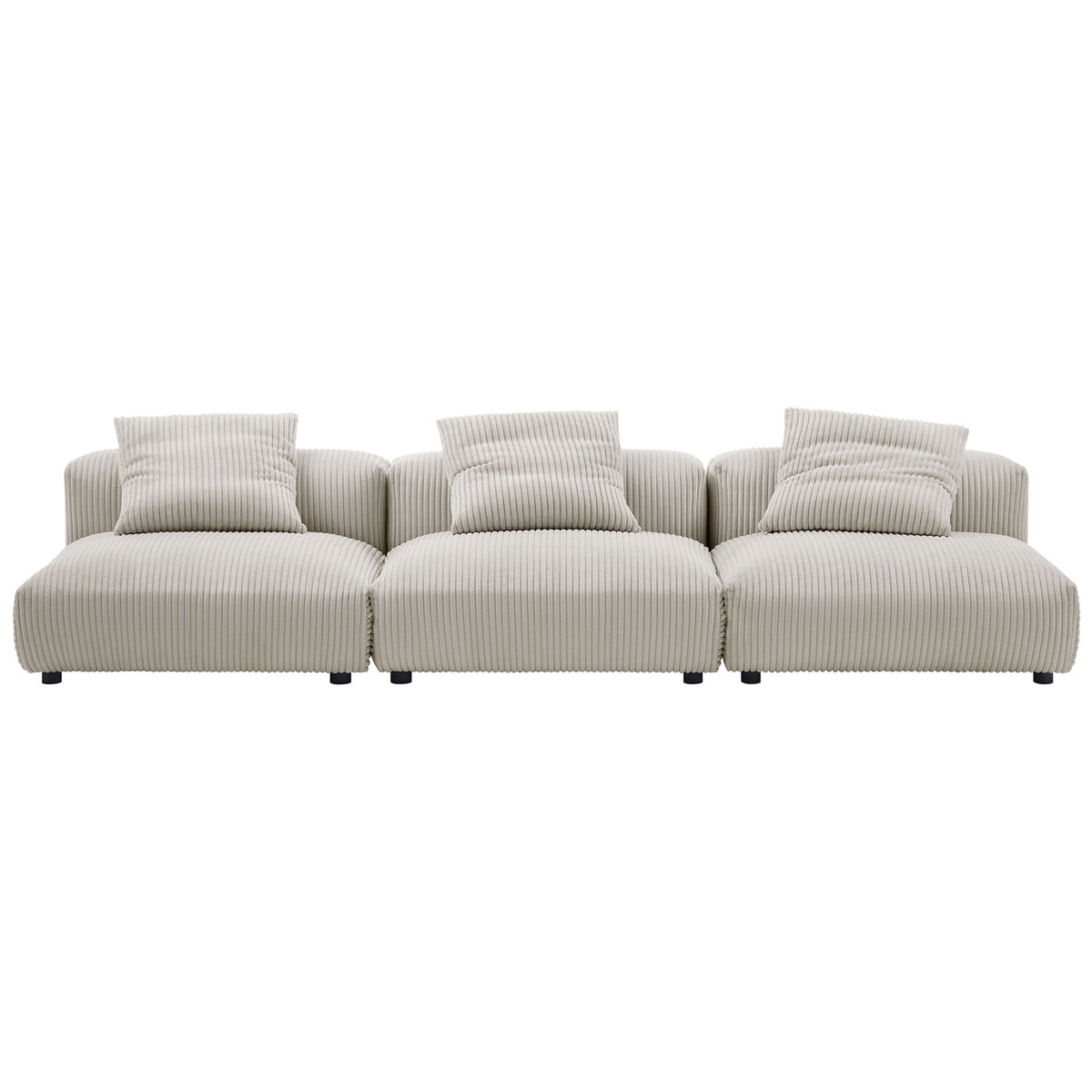 Generous 3-seat almond corduroy modular sofa with deep cushions and four coordinating accent pillows || EEI-7034-ALM || front_studio