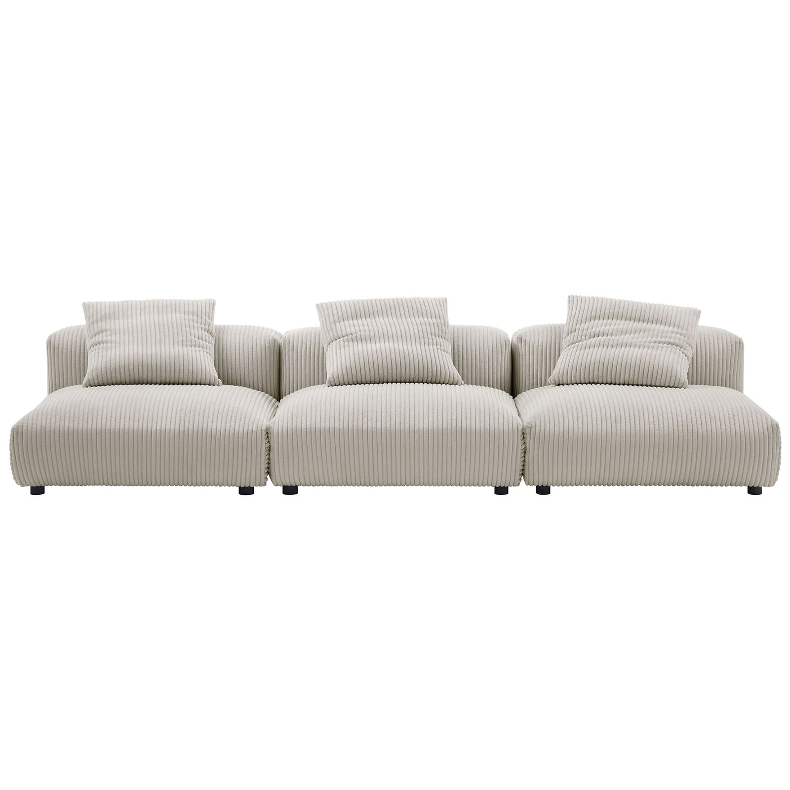 Generous 3-seat almond corduroy modular sofa with deep cushions and four coordinating accent pillows || EEI-7034-ALM || front_studio