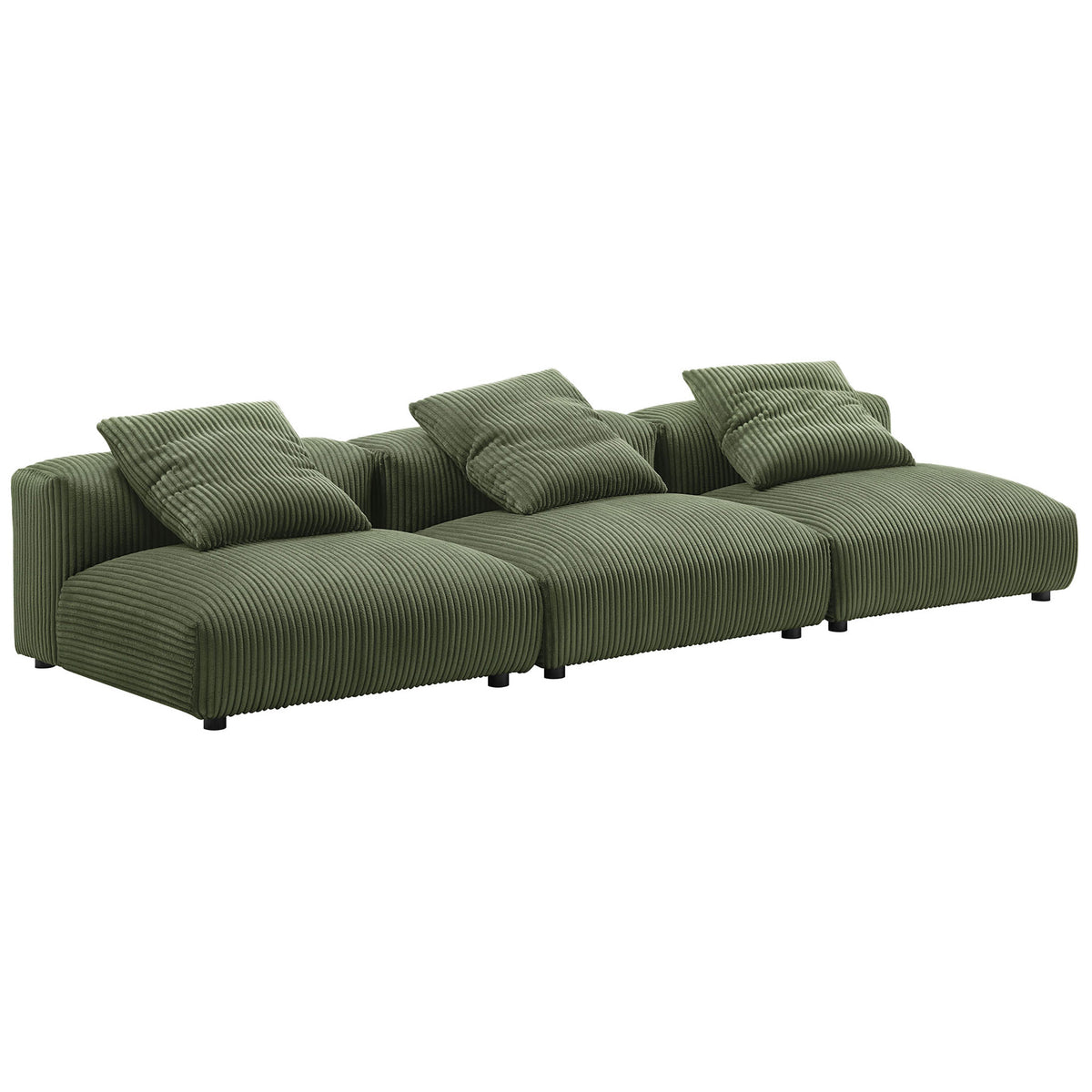 Plush fern green corduroy modular sofa with three deep seats and matching pillows || EEI-7034-FRN || front_angle_multi_studio