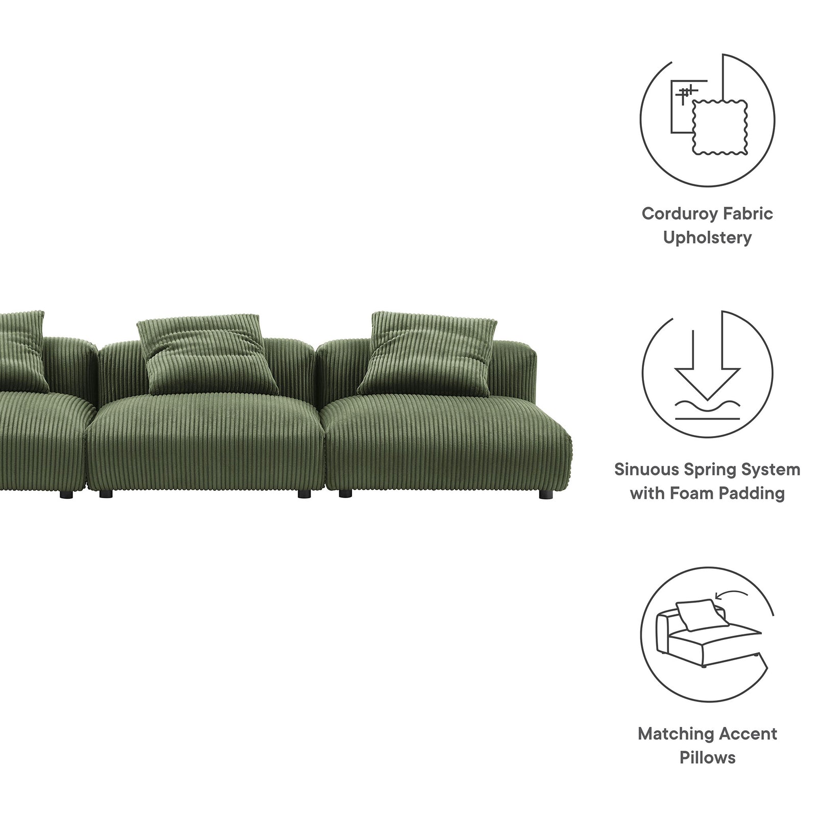 Fern corduroy modular sofa with icons highlighting soft fabric, spring support, and accent pillows || EEI-7034-FRN || callout_studio