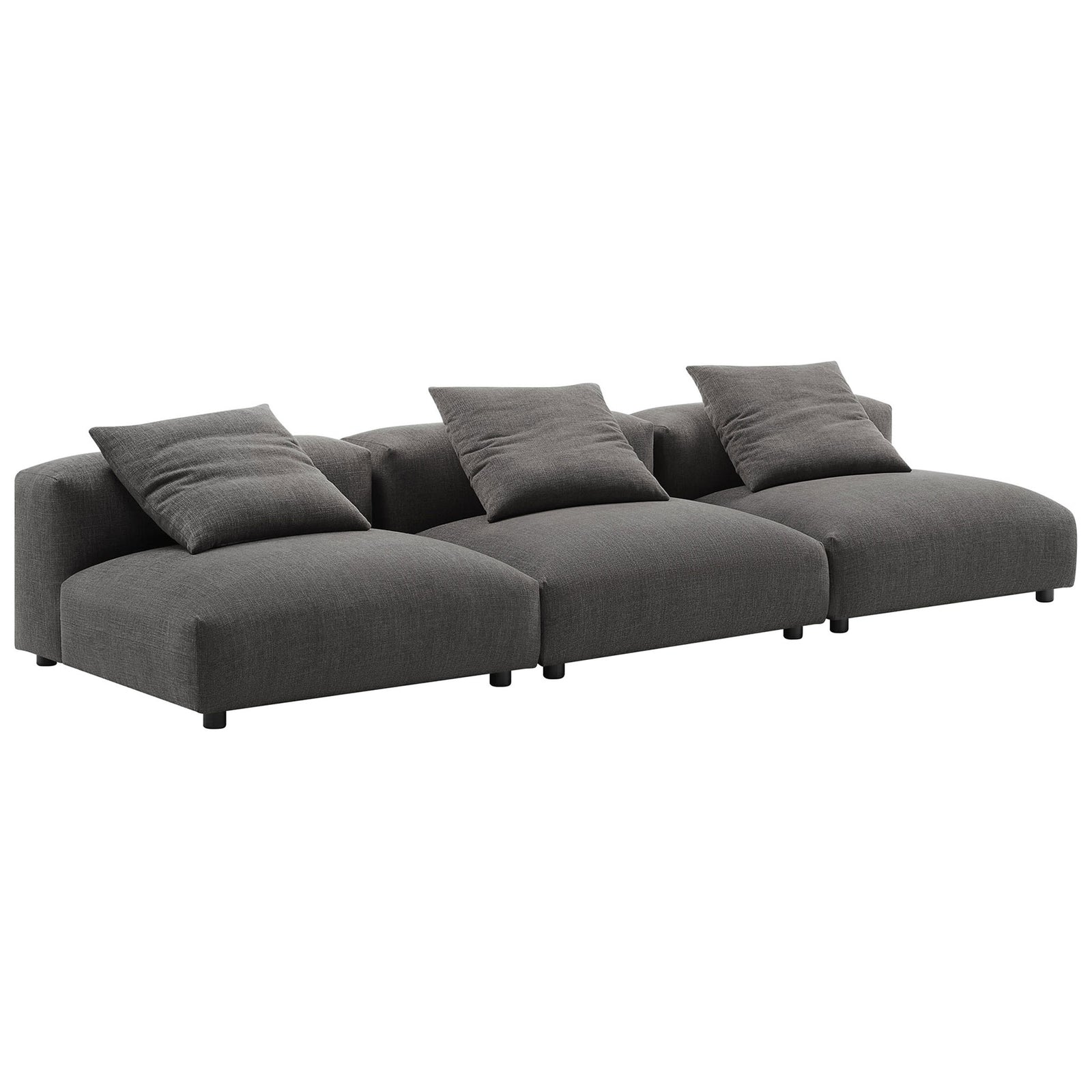 Low-profile charcoal modular sofa with three deep seats and matching scatter pillows || EEI-7035-CHA || front_angle_studio