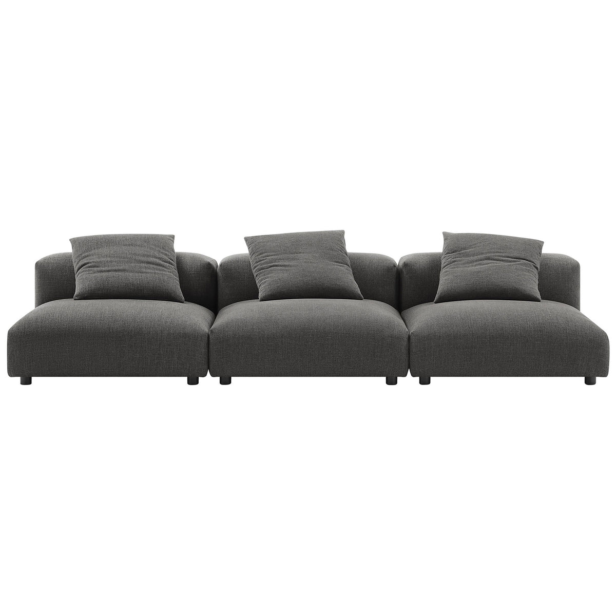 Charcoal three piece modular sofa with wide seat cushions and three supportive back pillows || EEI-7035-CHA || front_studio