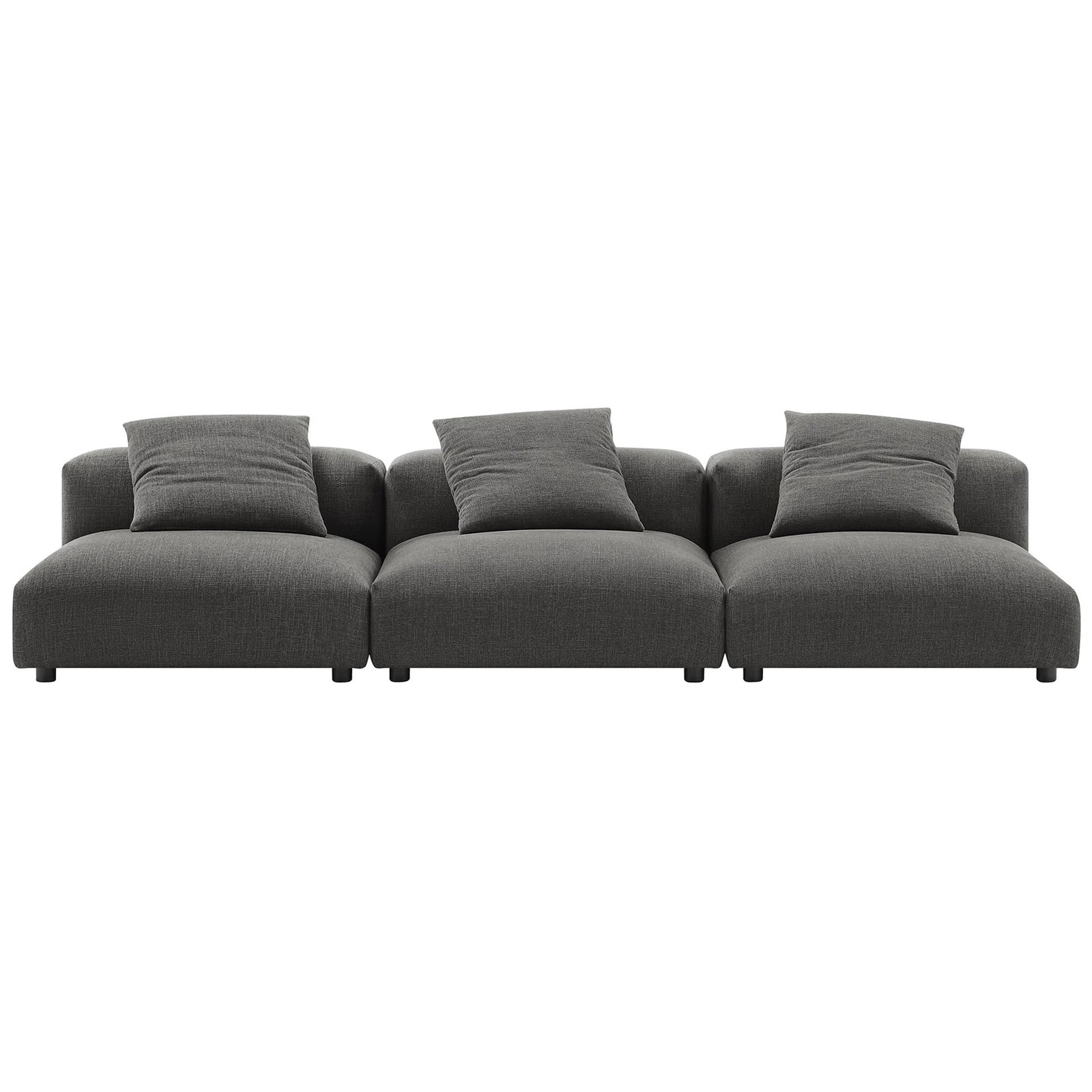Charcoal three piece modular sofa with wide seat cushions and three supportive back pillows || EEI-7035-CHA || front_studio