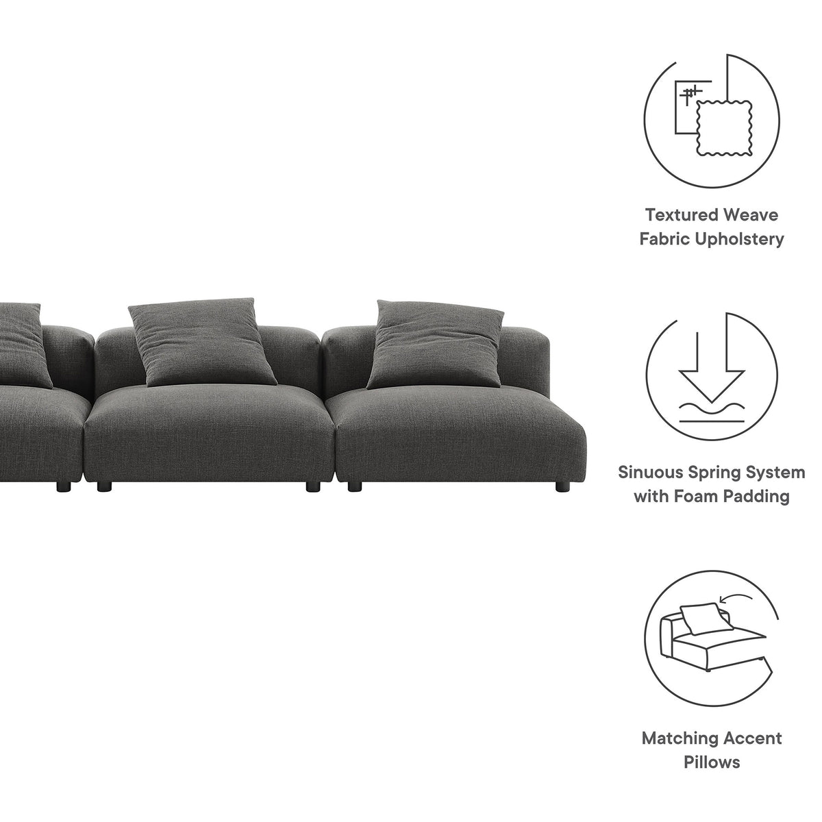 Charcoal modular sofa with highlighted textured upholstery, spring support, and matching accent pillows || EEI-7035-CHA || callout_studio