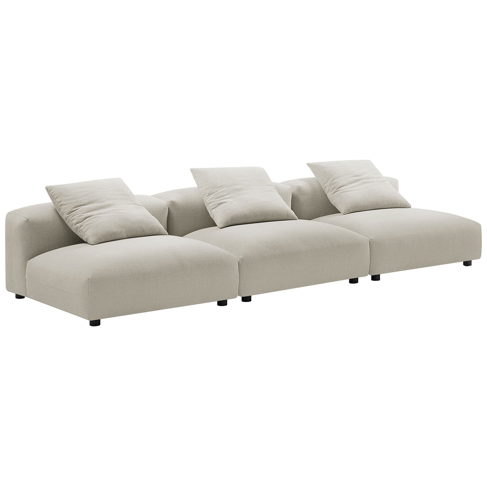 Low-profile three-seat modular linen sofa with plush cushions and pillows for relaxed lounging || EEI-7035-LIN || front_angle_studio