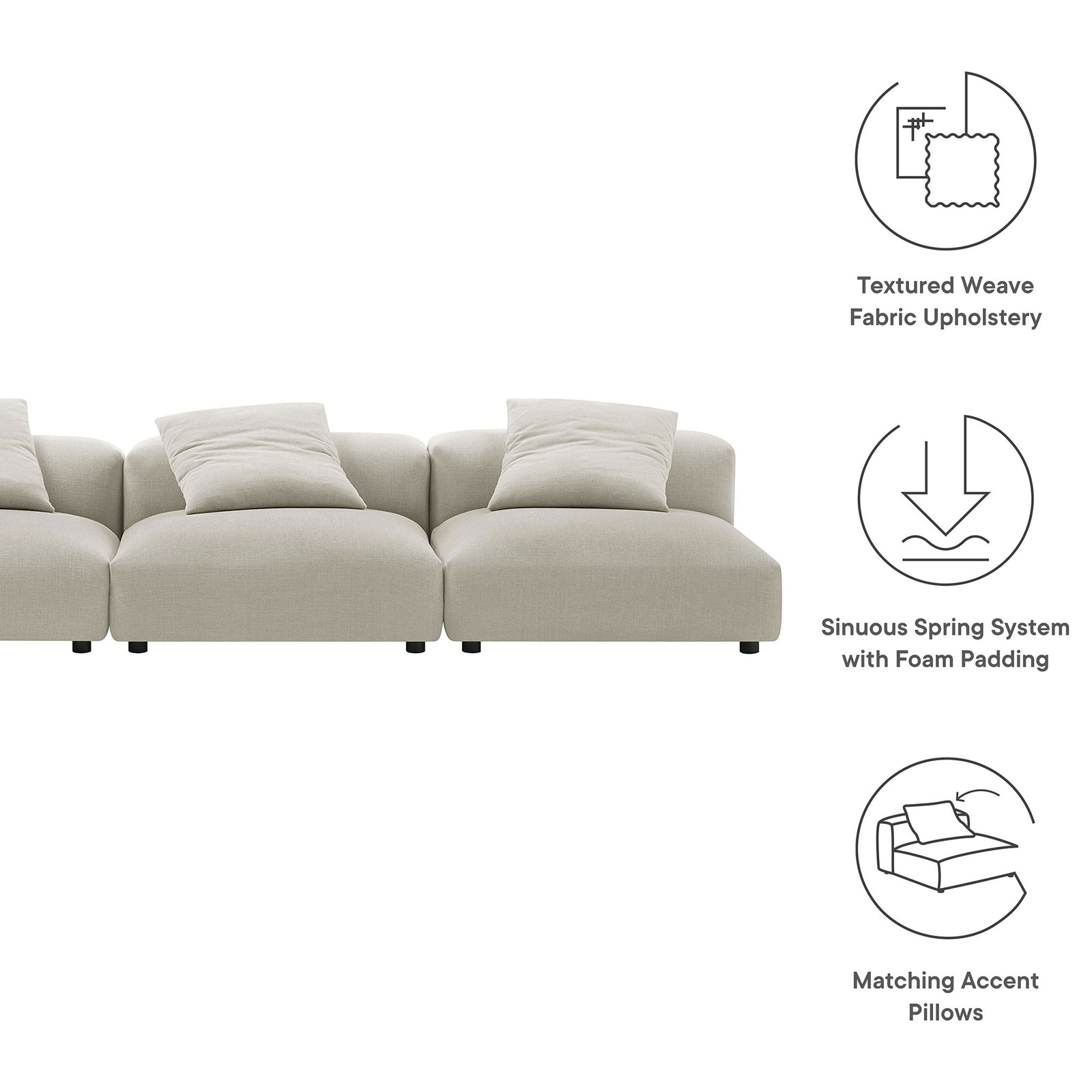 Modular linen sofa with callouts for textured upholstery, spring support, and matching pillows || EEI-7035-LIN || callout_studio