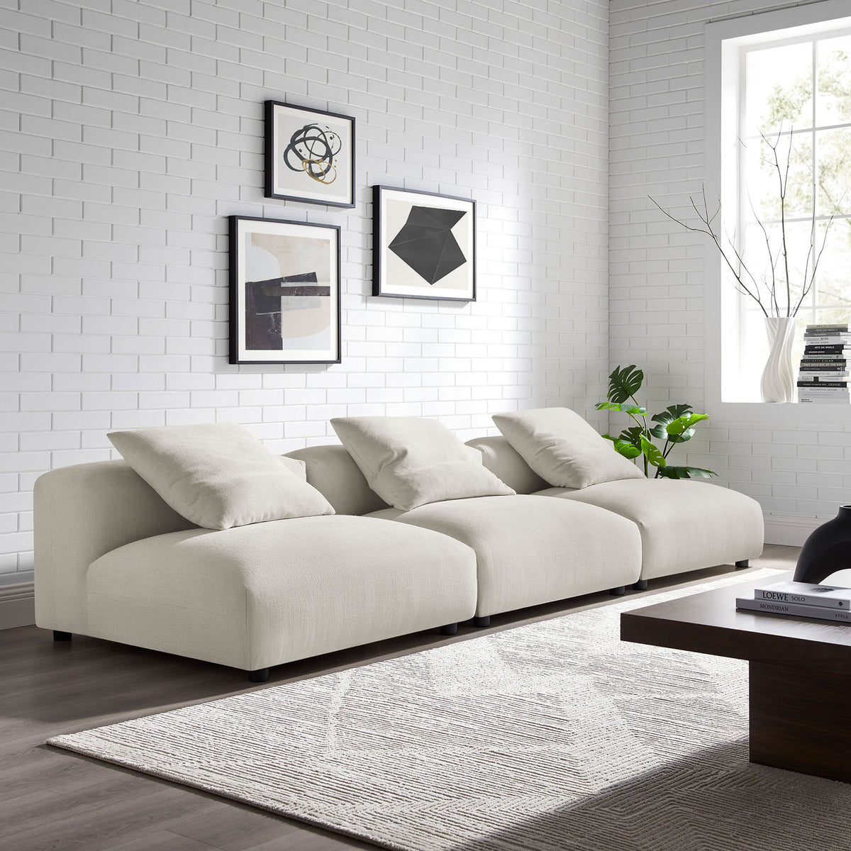 Solace 3-piece modular sofa in salt fabric styled in a bright modern living room with decor || EEI-7035-SAL || front_angle_room