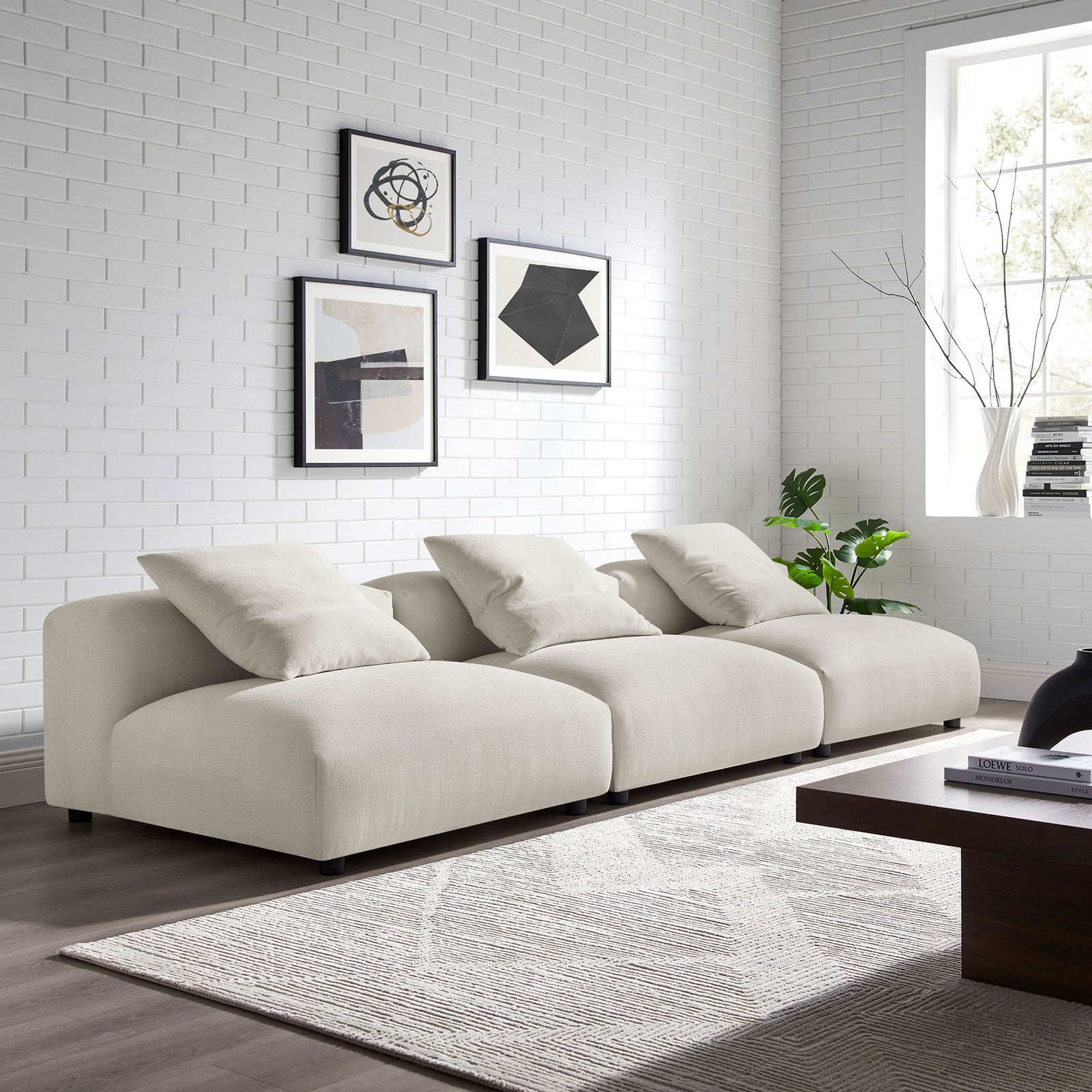 Solace 3-piece modular sofa in salt fabric styled in a bright modern living room with decor || EEI-7035-SAL || front_angle_room