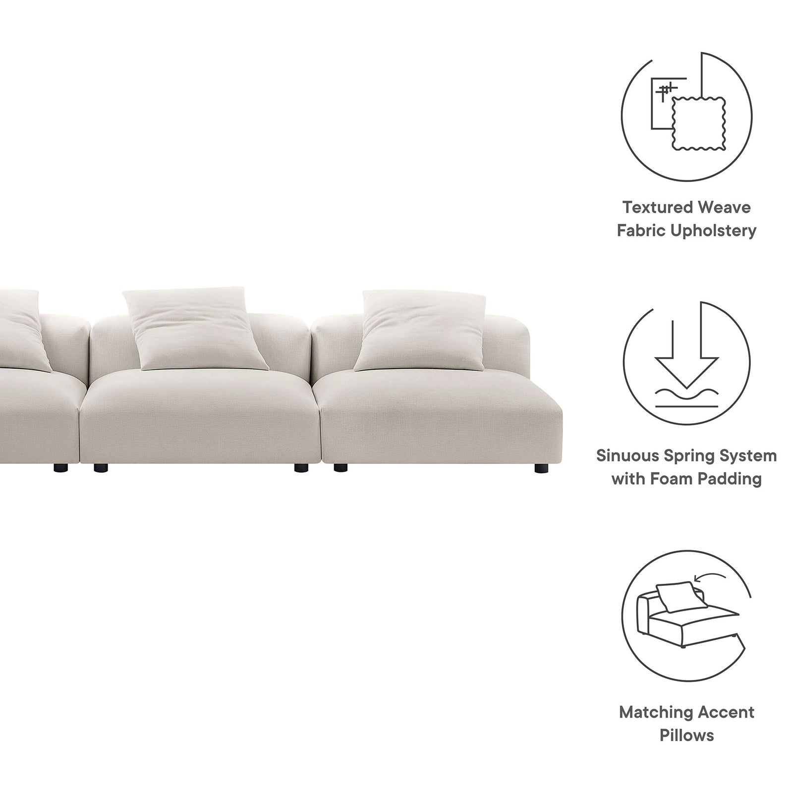 Solace modular sofa in salt fabric with feature icons for textured weave, spring support, and pillows || EEI-7035-SAL || callout_studio