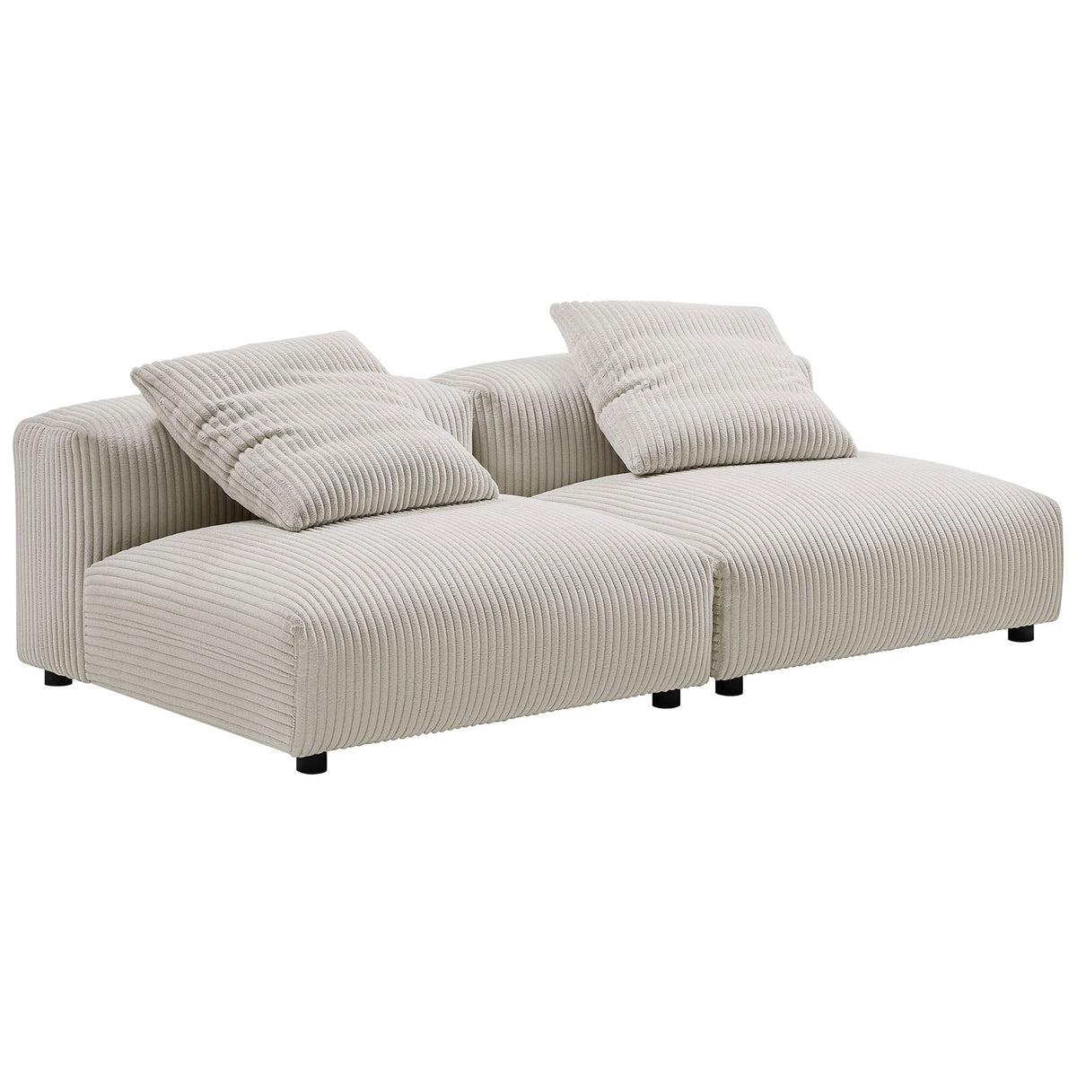 Almond corduroy modular 2 piece sofa with deep seats and two matching accent pillows || EEI-7036-ALM || front_angle_studio