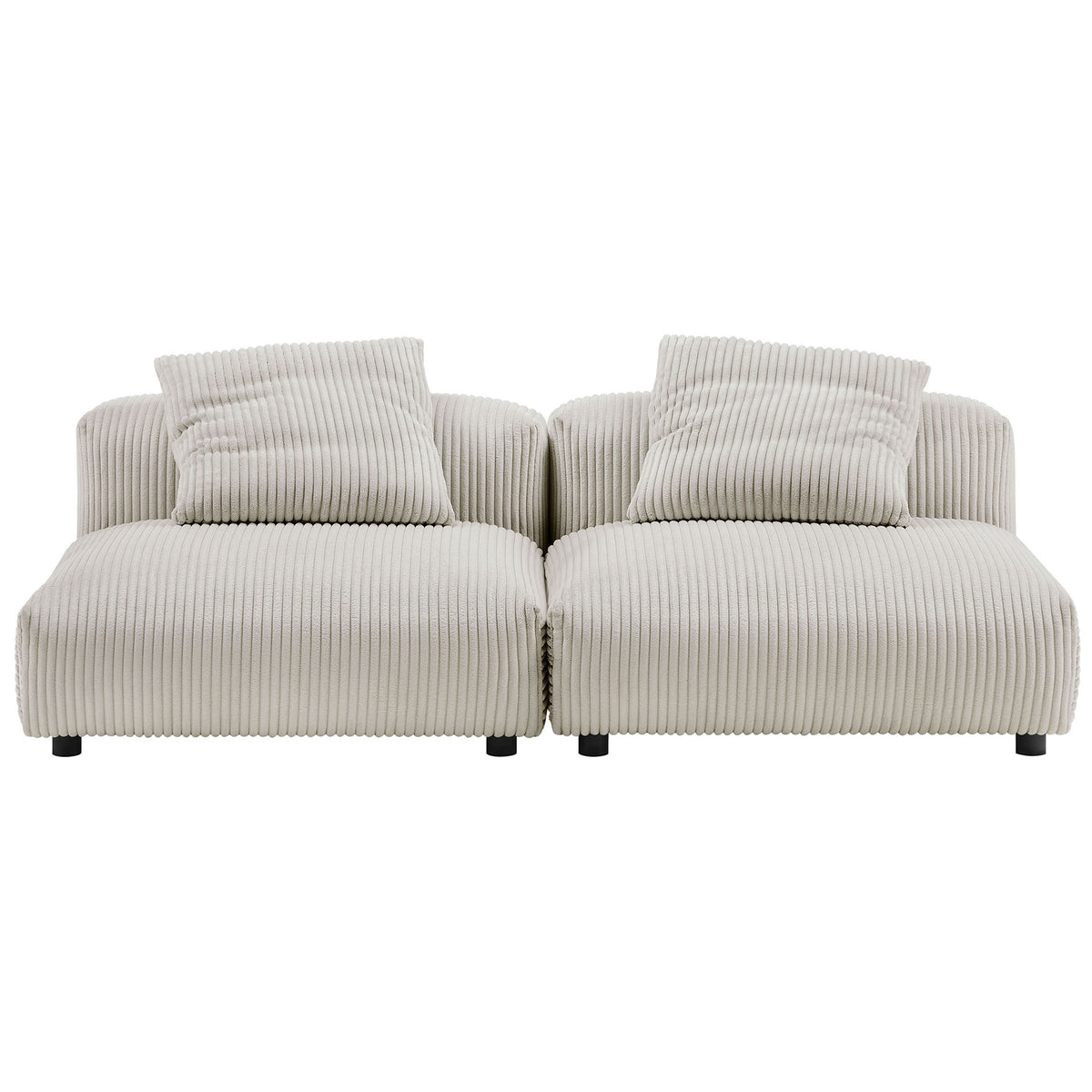 Almond corduroy modular 2 piece sofa with broad ribbed cushions and twin accent pillows || EEI-7036-ALM || front_studio