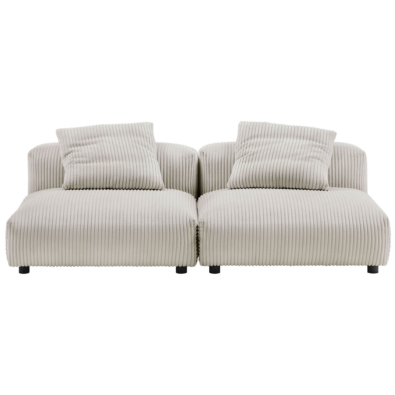 Almond corduroy modular 2 piece sofa with broad ribbed cushions and twin accent pillows || EEI-7036-ALM || front_studio