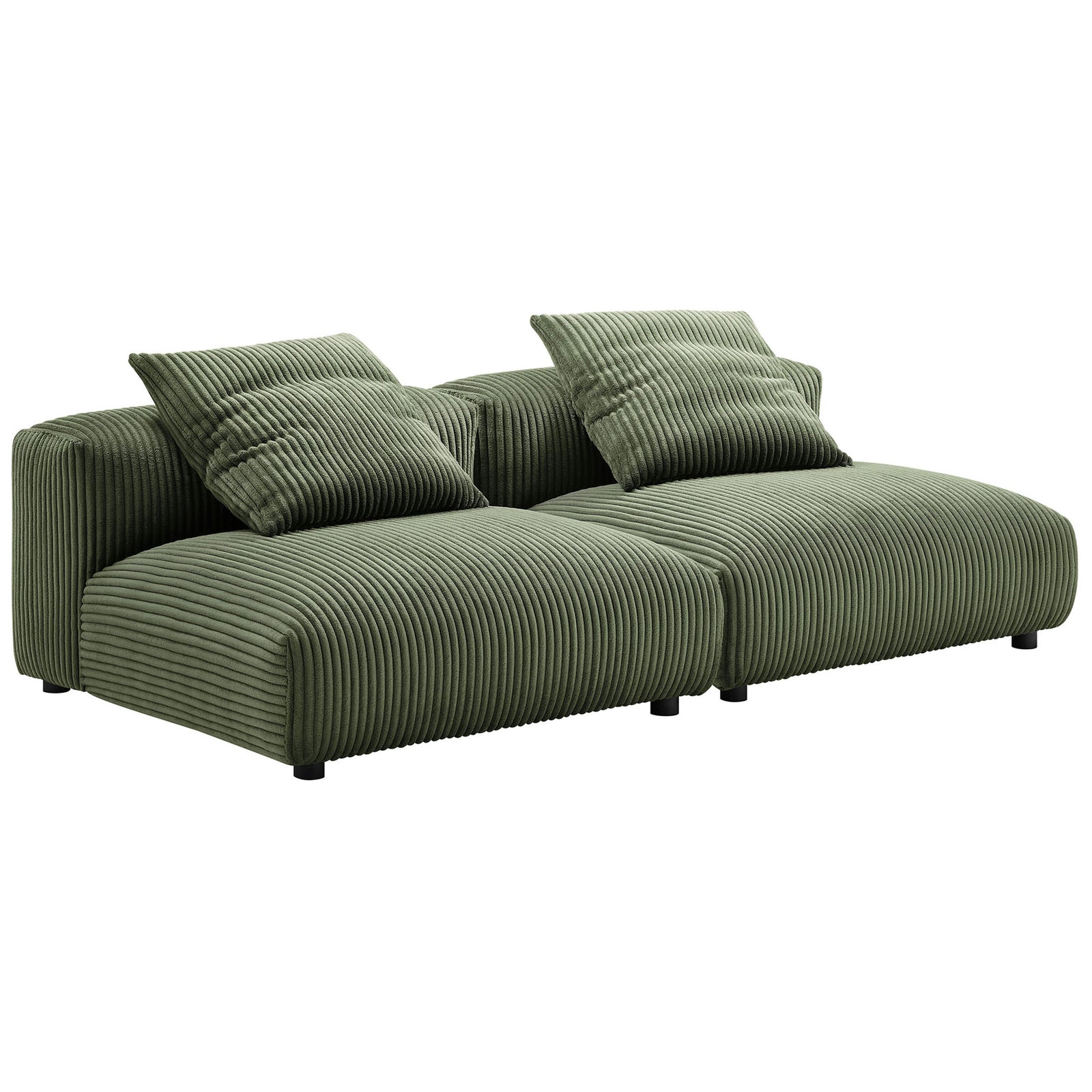 Green corduroy 2-piece modular sofa with plush pillows and low, lounge-ready silhouette || EEI-7036-FRN || front_angle_studio