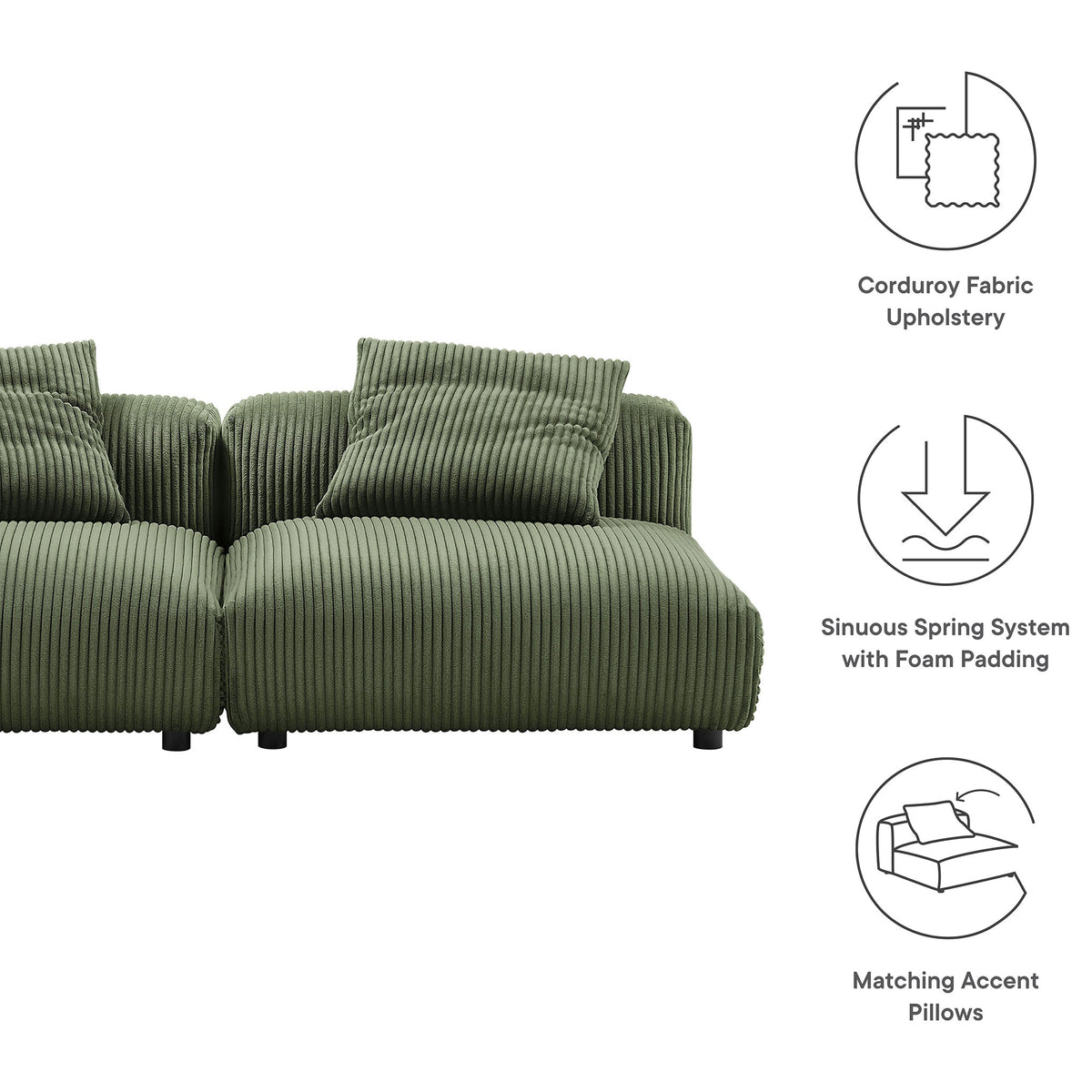 Feature graphic highlighting corduroy upholstery, spring support, and matching pillows on the modular sofa || EEI-7036-FRN || callout_studio