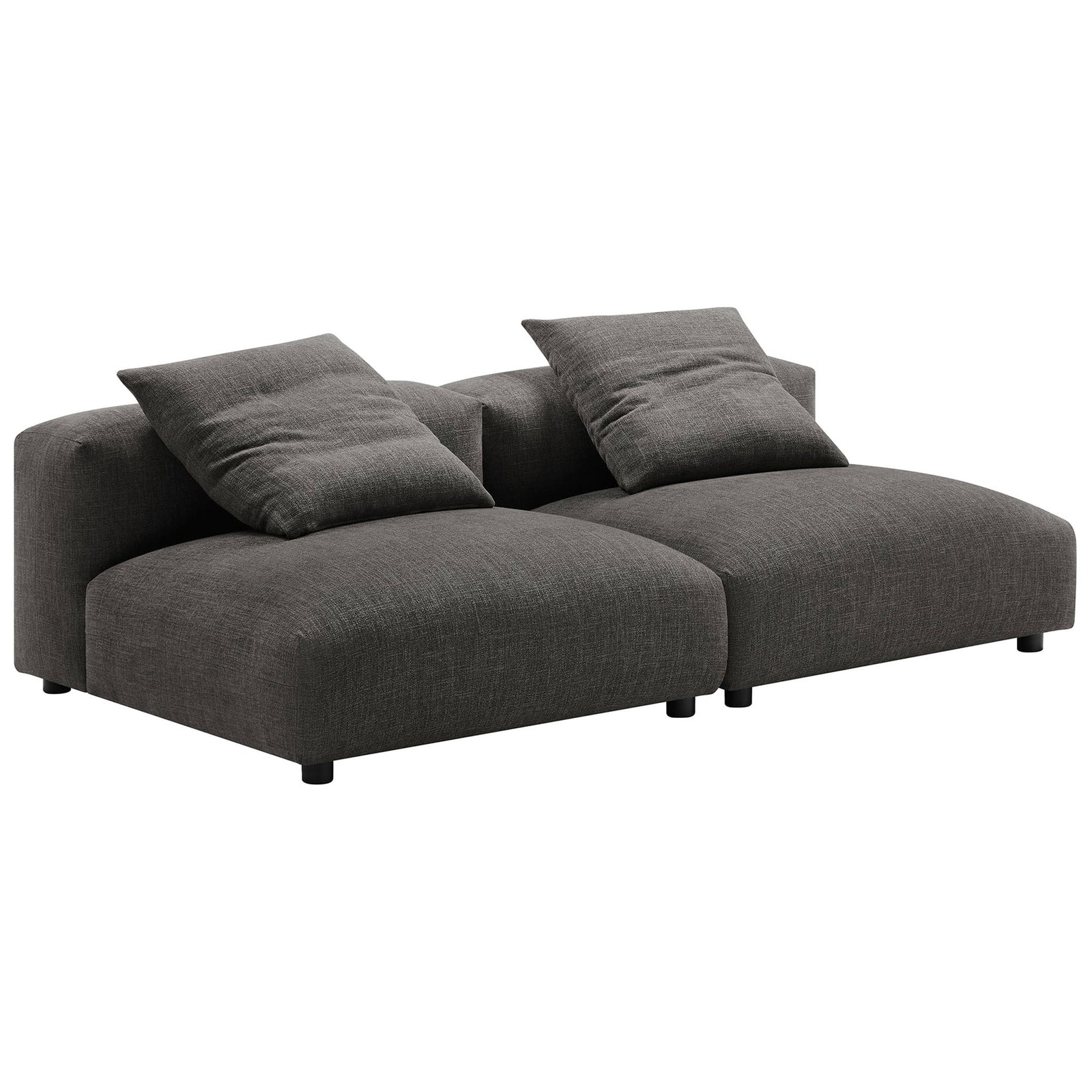 Oversized charcoal modular sofa with deep seats and matching lounge pillows for relaxed, low-profile comfort || EEI-7037-CHA || front_angle_multi_studio