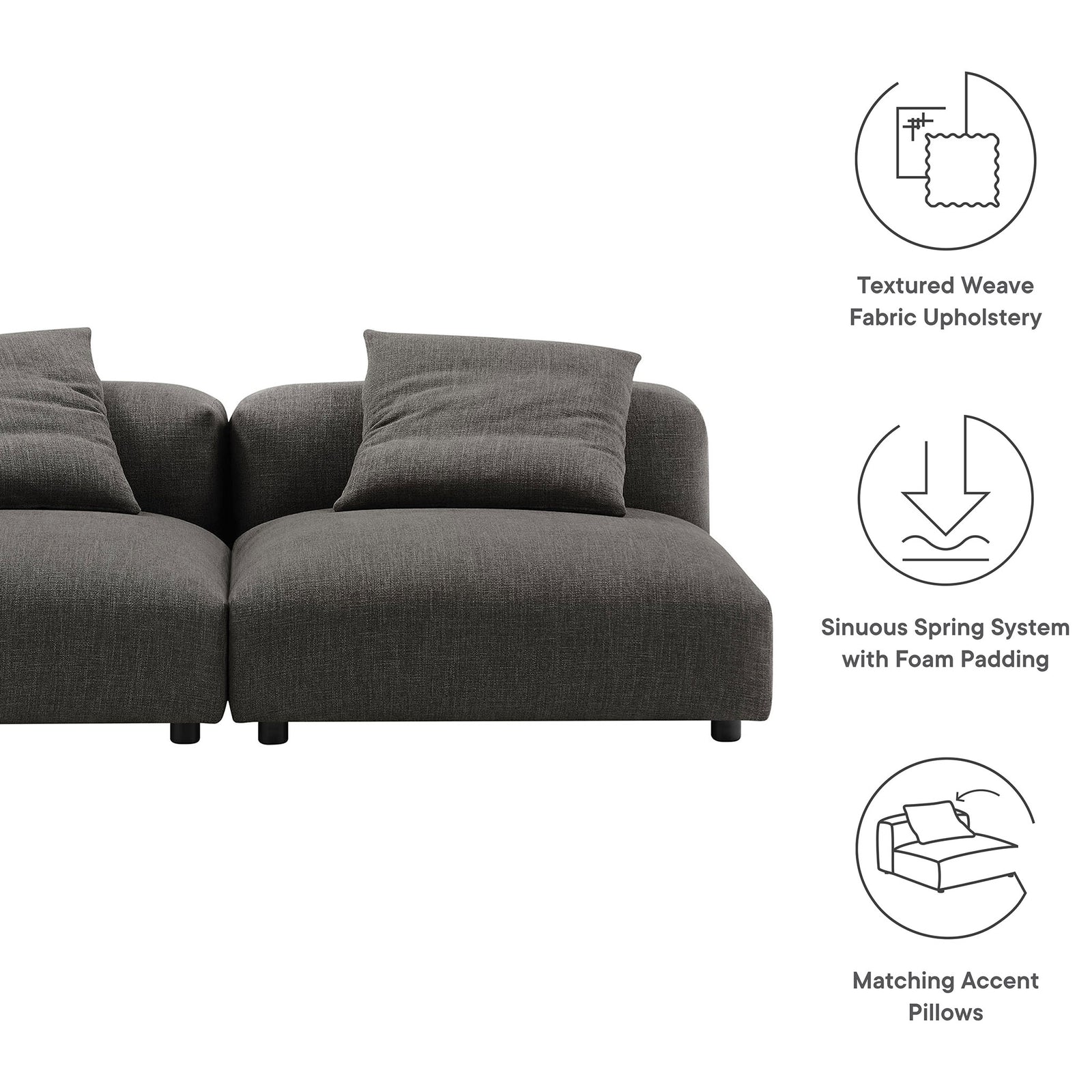 Charcoal modular sofa highlighted with icons for textured upholstery, spring support, and accent pillows || EEI-7037-CHA || callout_studio