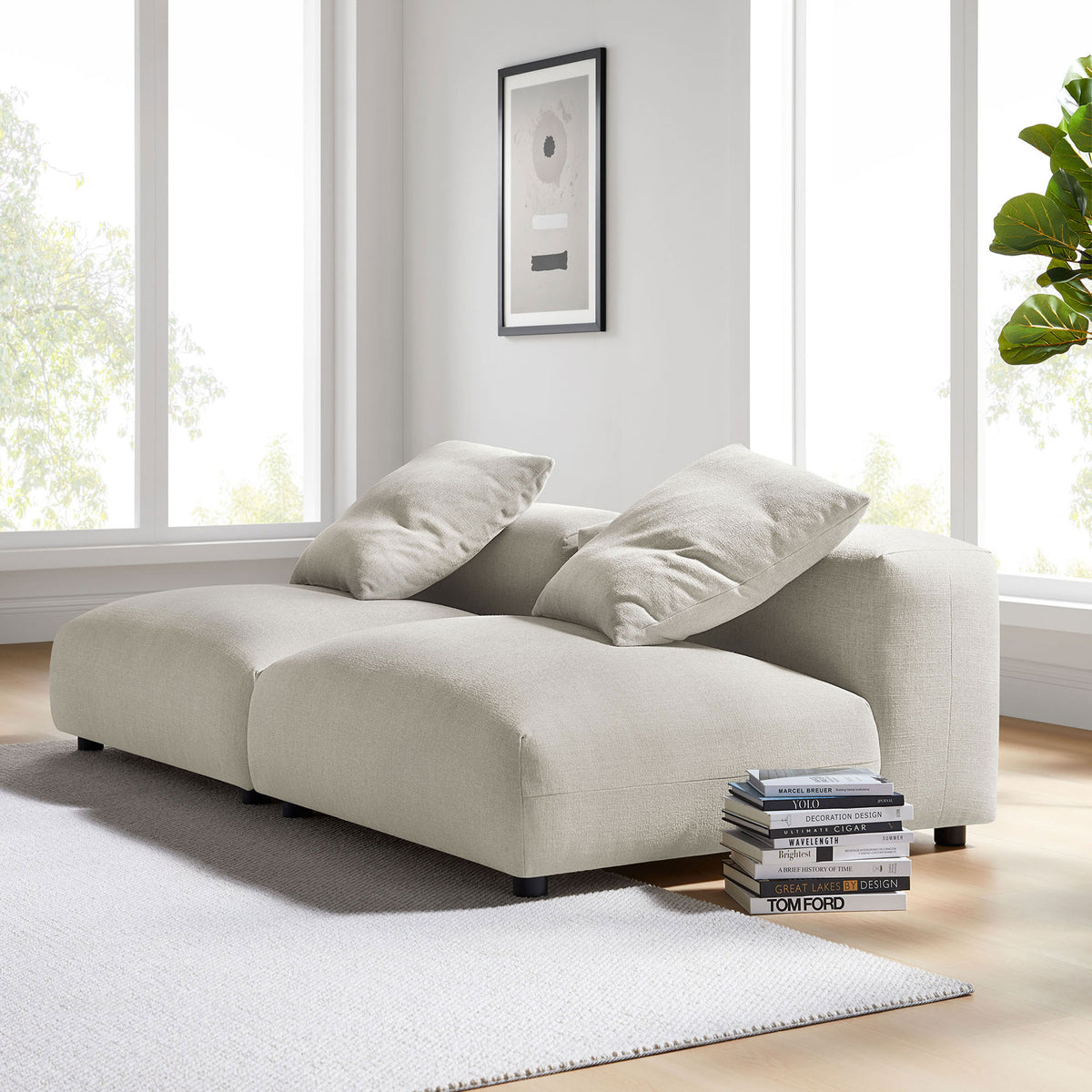 Linen modular sofa styled in a bright living room with oversized cushions for laid-back, contemporary lounging || EEI-7037-LIN || front_angle_room