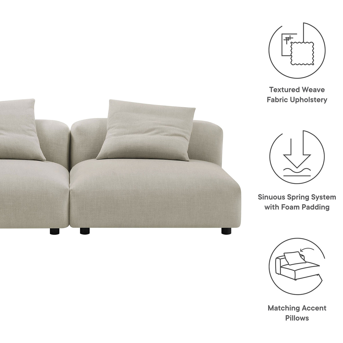 Linen modular sofa with callouts highlighting textured upholstery, spring support, and accent pillows || EEI-7037-LIN || callout_studio