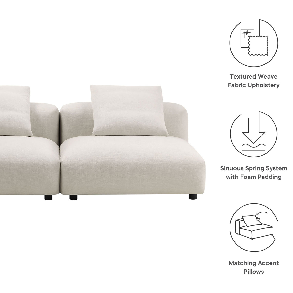 Solace modular sofa highlighting textured weave upholstery, sinuous spring support, and matching accent pillows || EEI-7037-SAL || callout_studio