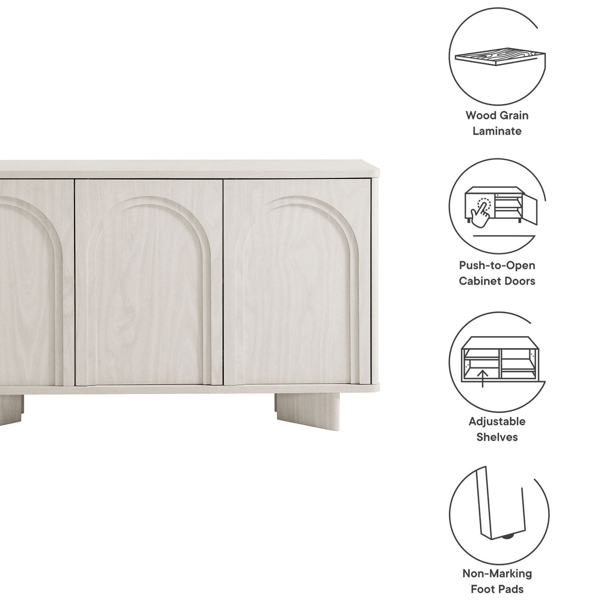 Feature icons highlighting wood grain laminate, push-open doors, adjustable shelves, and non-marking foot pads || EEI-7039-WWA || callout_studio
