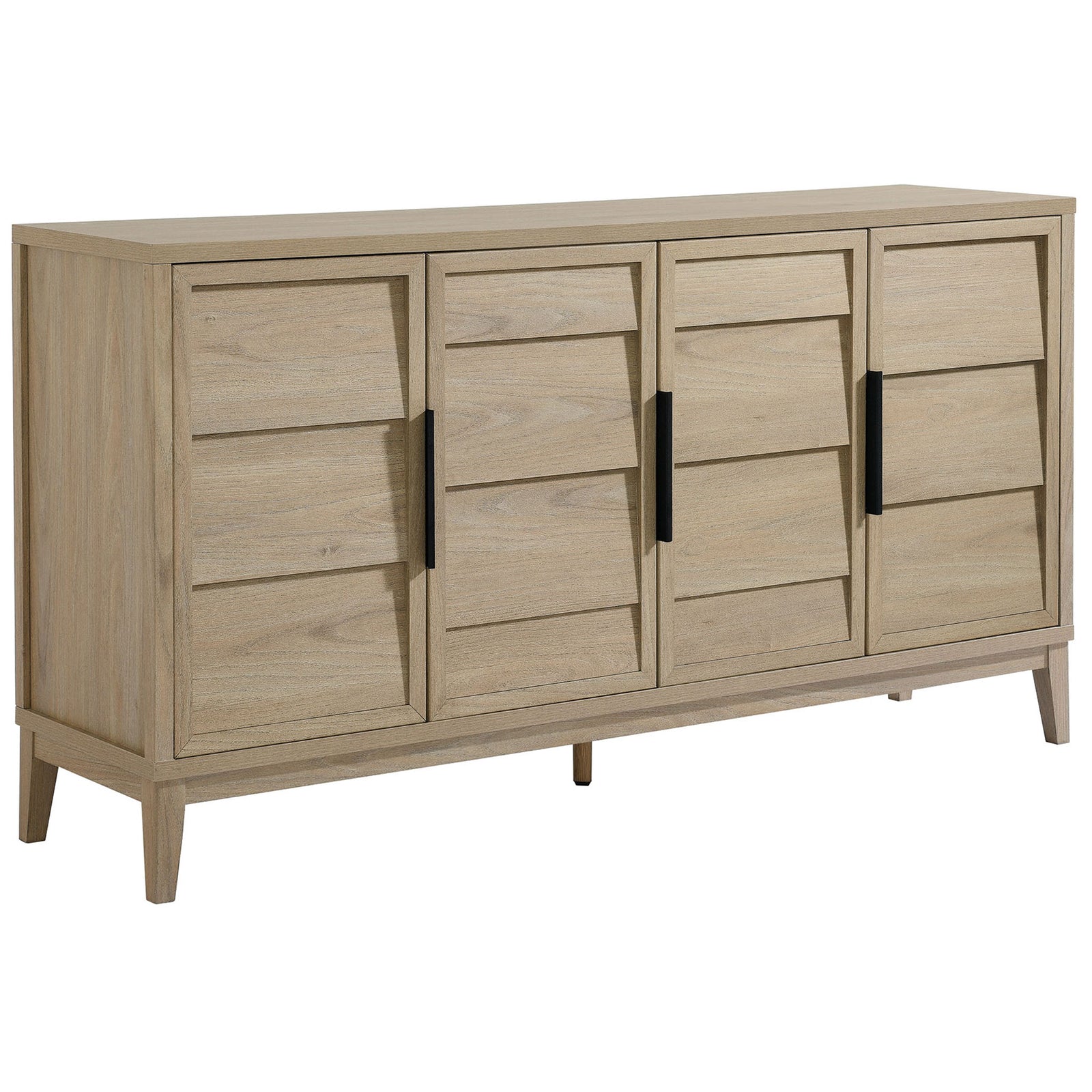 Sinya light oak buffet showcasing layered door panels, warm wood grain, and mid-century inspired legs. || EEI-7040-LOA || front_angle_studio