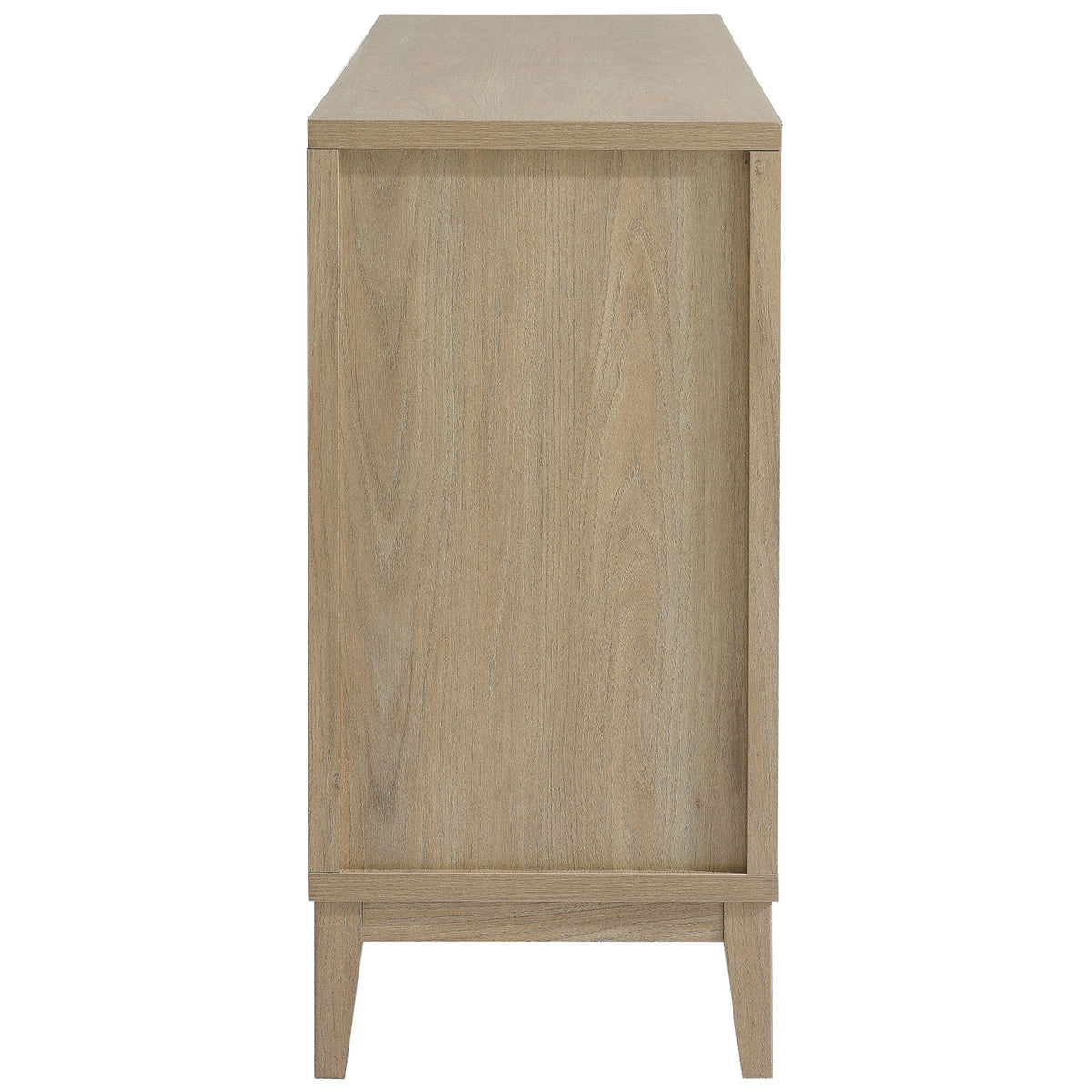 Slim side profile of the Sinya sideboard highlighting the light oak wood grain and clean lines. || EEI-7040-LOA || side_studio