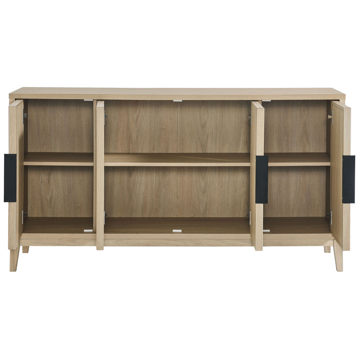 Sinya sideboard with all four doors open revealing adjustable shelves for dishes and linens. || EEI-7040-LOA || front_open_studio