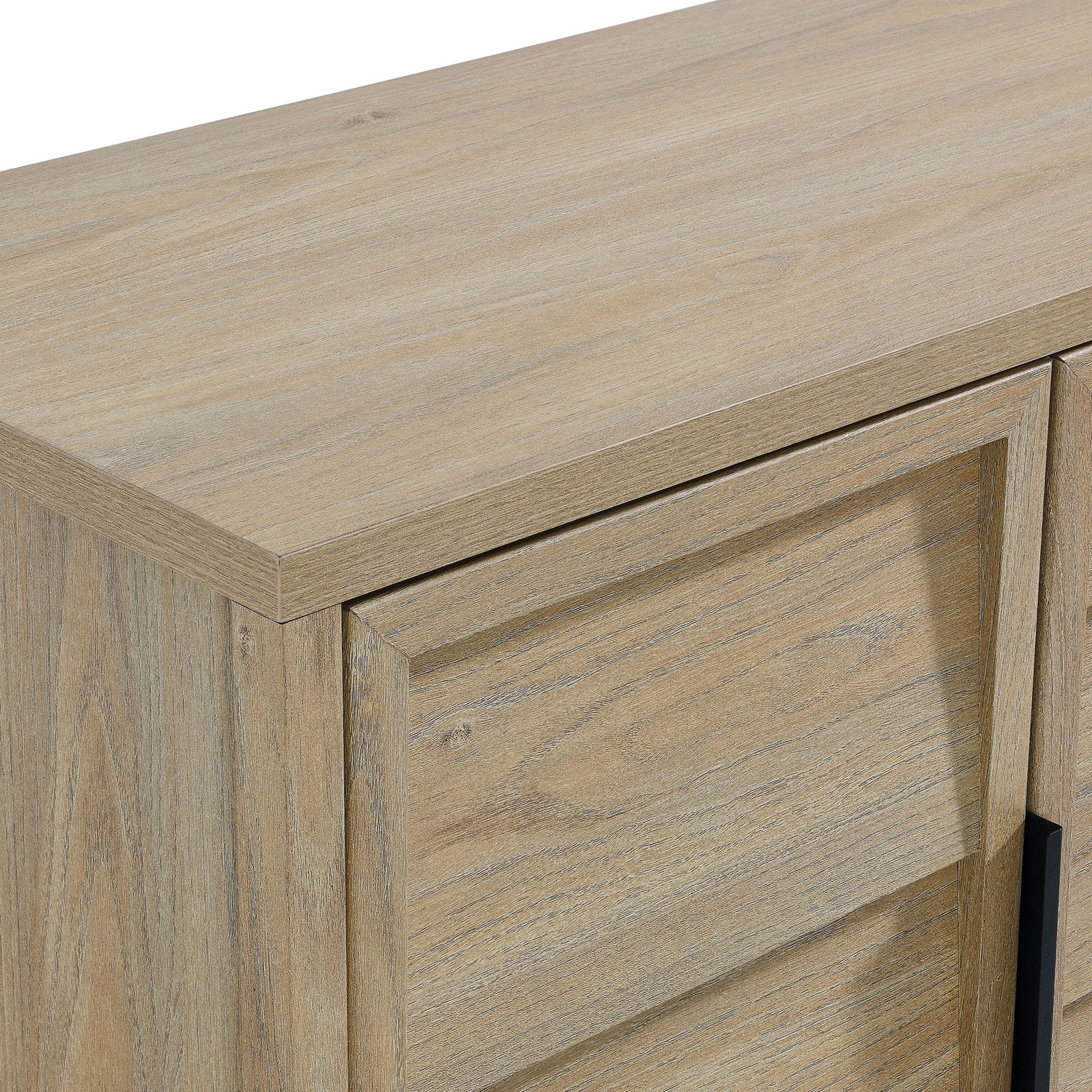 Top surface and door panel detail of the Sinya sideboard showing realistic wood grain laminate finish. || EEI-7040-LOA || detail_studio