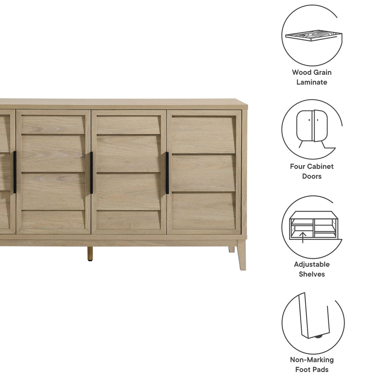 Sinya sideboard with graphic callouts for wood grain laminate, four doors, adjustable shelves, and floor-safe feet. || EEI-7040-LOA || callout_studio