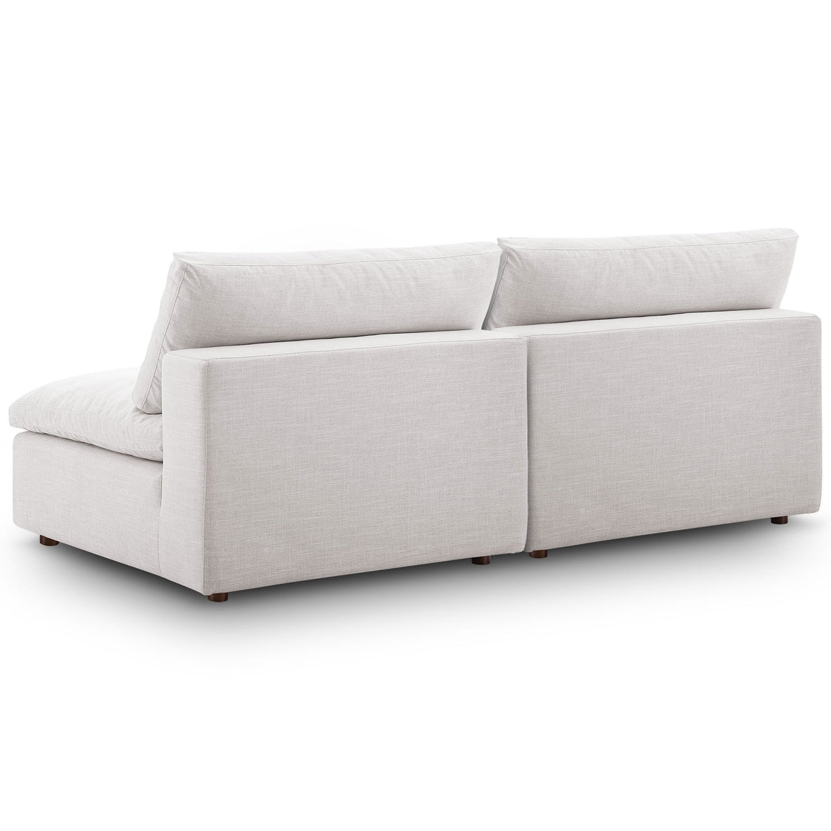 Beige modular loveseat with smooth upholstered back and compact profile on round wood feet || EEI-7042-BEI || back_angle_studio